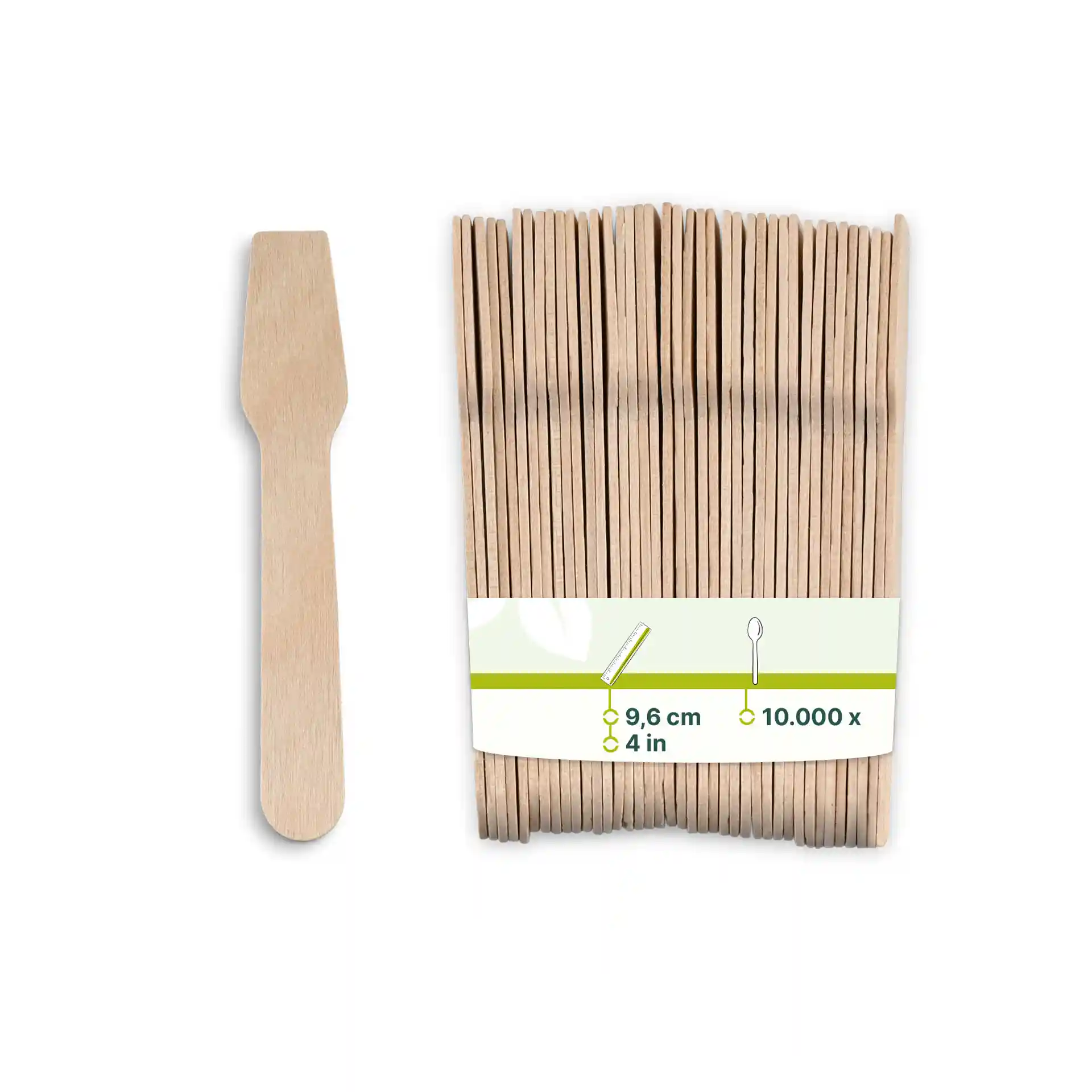 Holzlöffel für Eis in einer Packung, jeweils 9,6 cm lang, neben einem Etikett mit Produktdetails präsentiert.