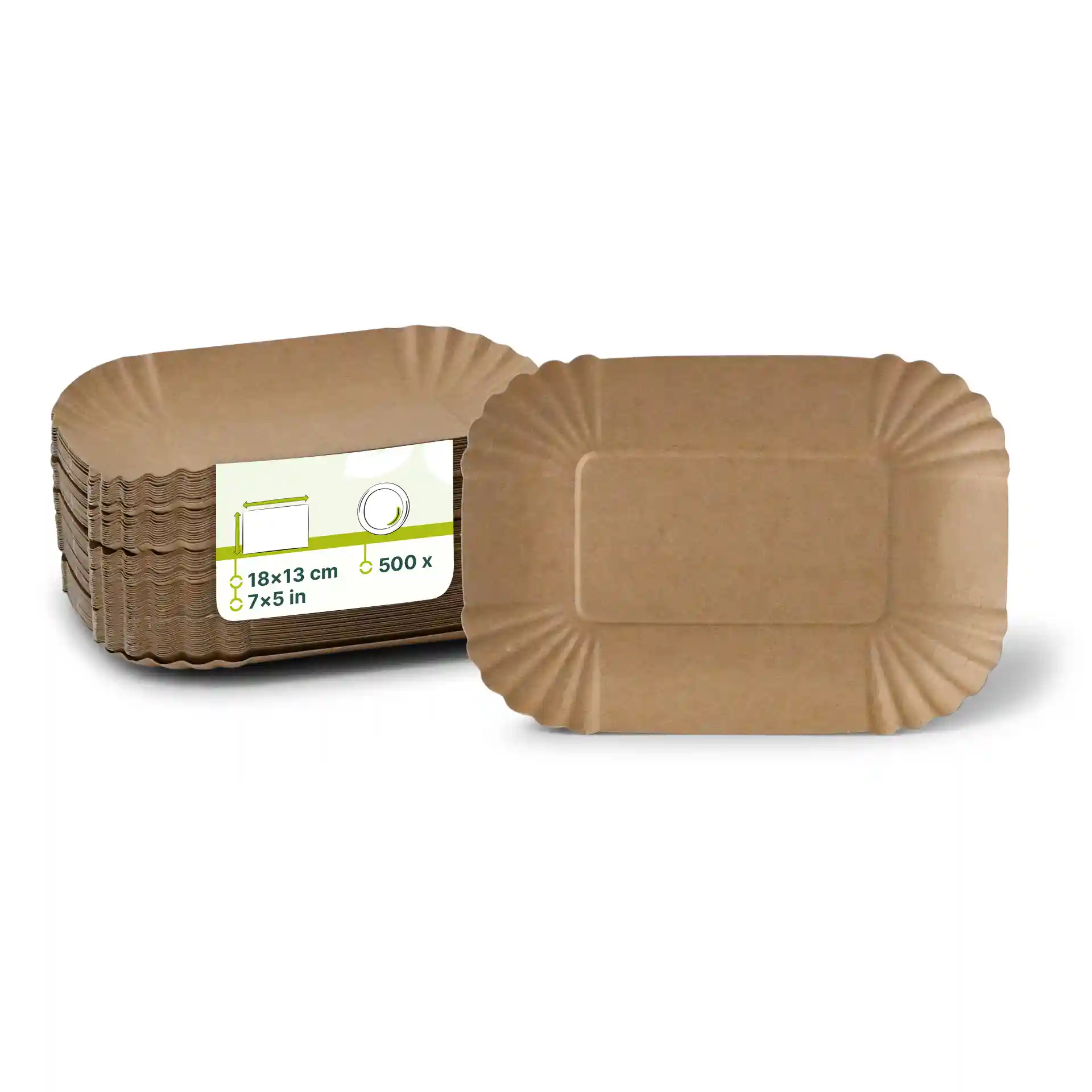 Braune rechteckige Papiertabletts, 18 x 13 cm, gestapelt mit einem sichtbaren oben, mit glatter Oberfläche und gewellten Rändern.