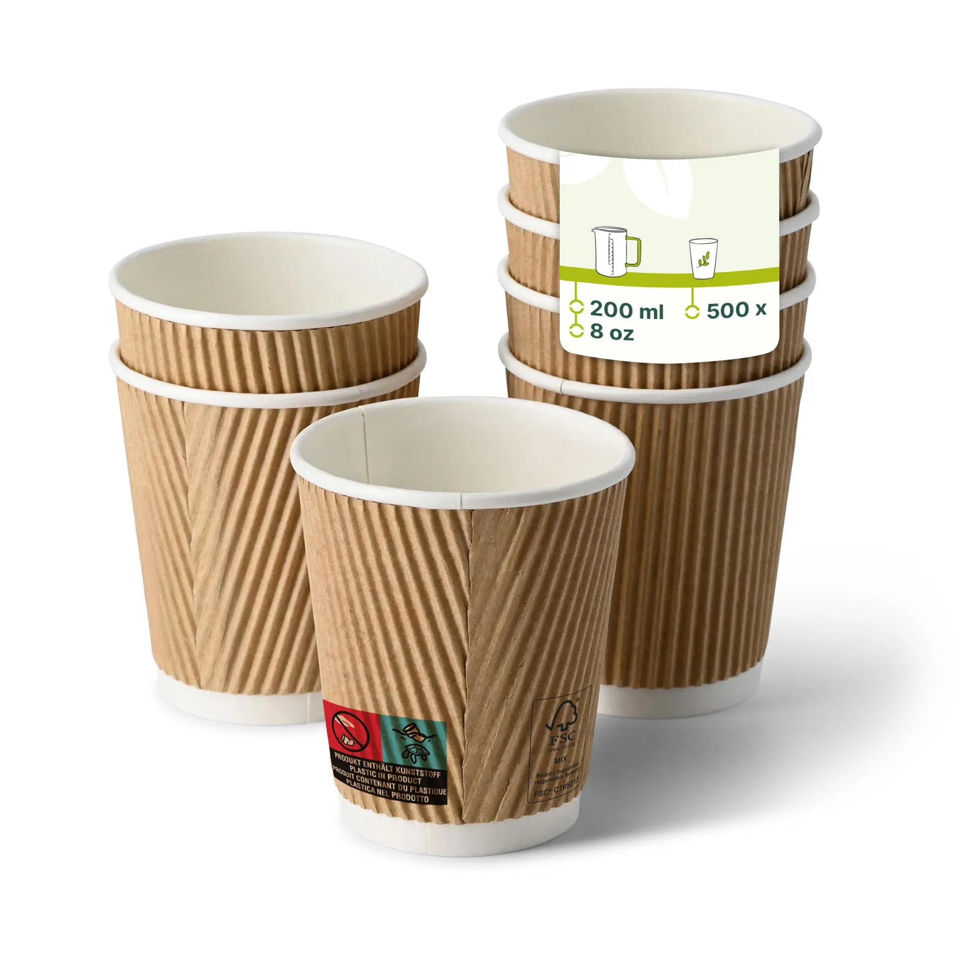 One open brown ripple coffee cup with a white interior; several similar cups stacked with reduced opacity.