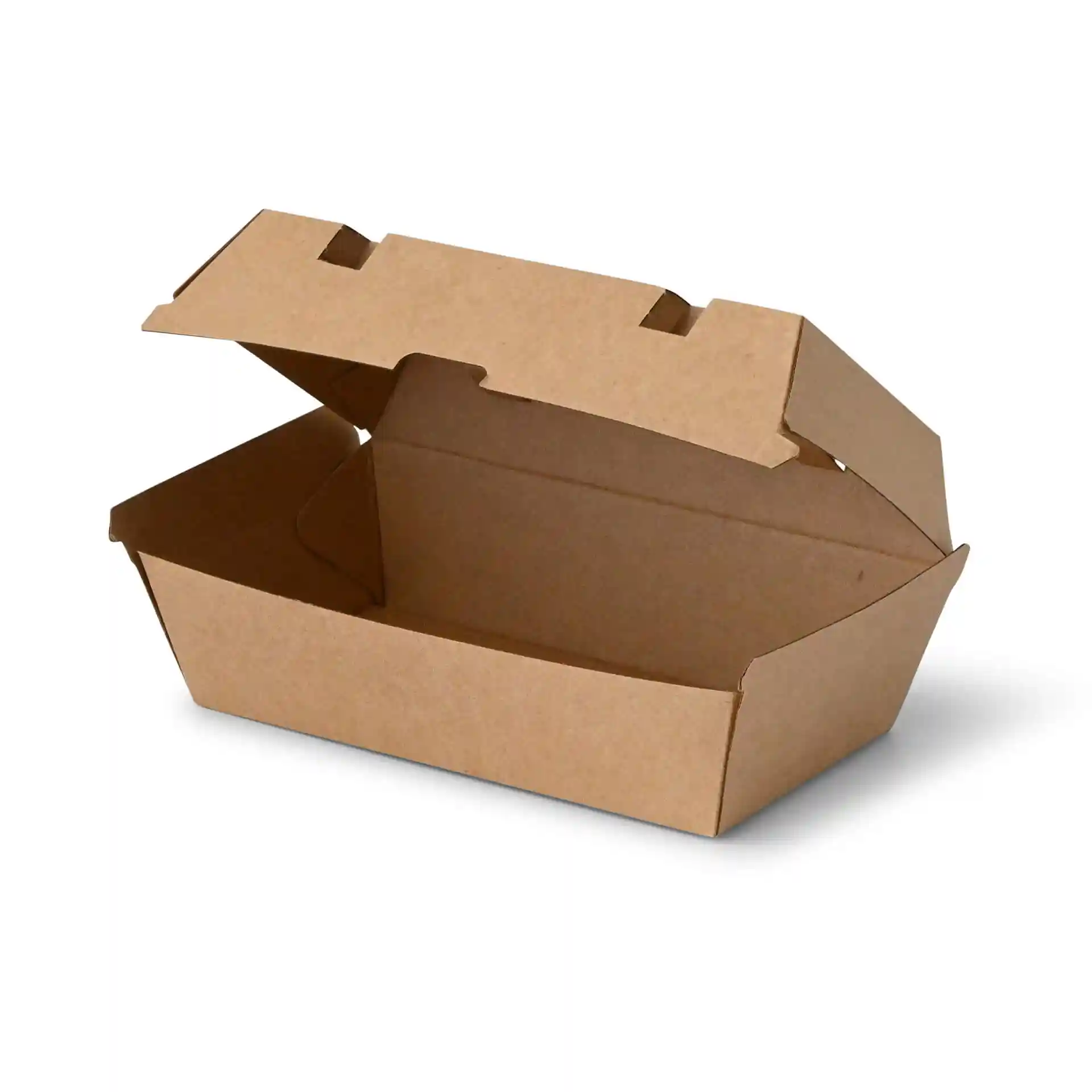 Brown rectangular food box with a hinged lid, made of cardboard, measuring 21.4 x 11.4 x 8.5 cm.