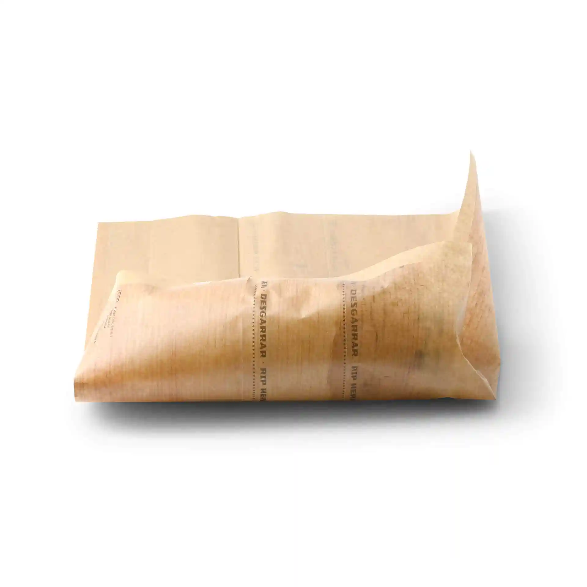 Brown printed wrap bags with adhesive closure, measuring 19.5 x 30 cm, partially opened on a white background.