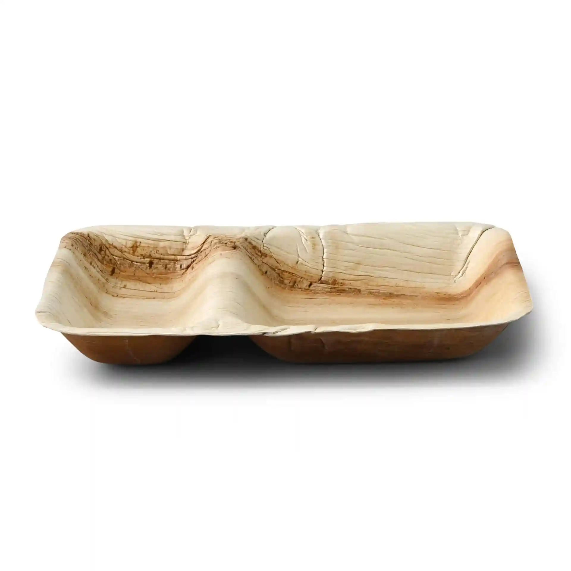 Rechteckiger Teller aus Palmblatt mit zwei Fächern, 25 x 15 cm, mit natürlichem Maserungsmuster.