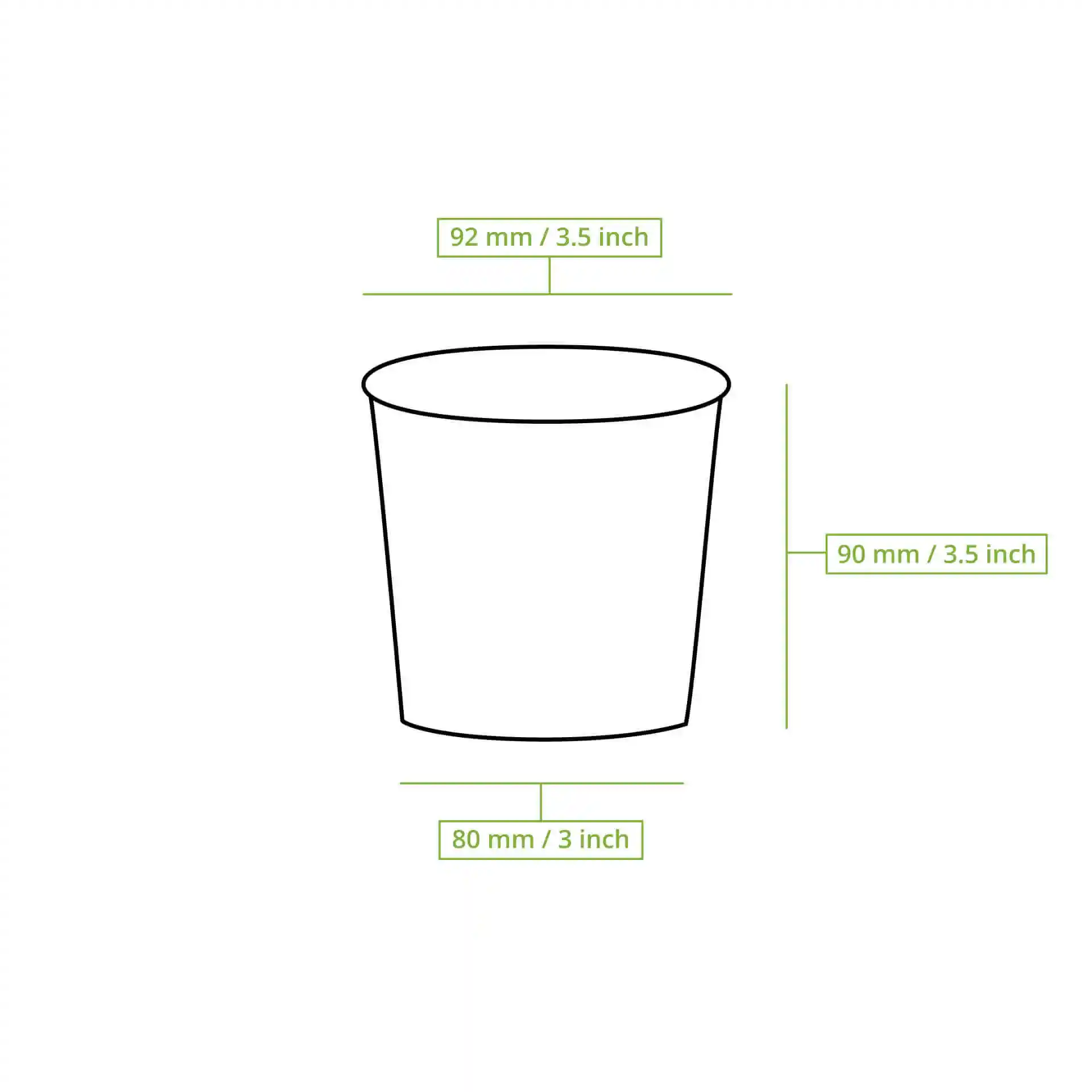Schematische Zeichnung eines runden Papiereisbechers mit den Maßen: Höhe 90 mm, oberer Durchmesser 92 mm, Bodendurchmesser 80 mm.