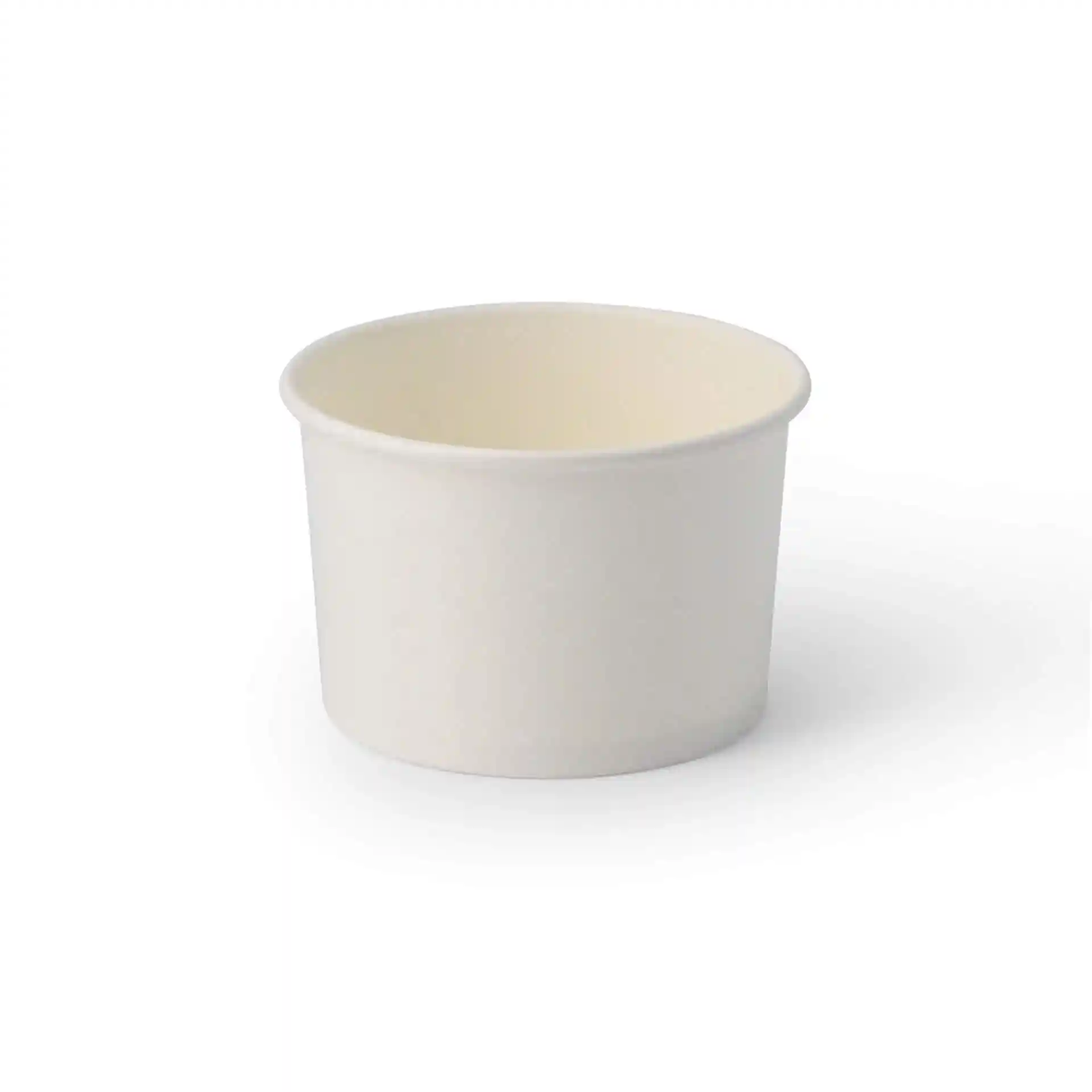 Weißer Pappbecher für Eiscreme mit runder Form, 92 mm Durchmesser oben und 60 mm Höhe.