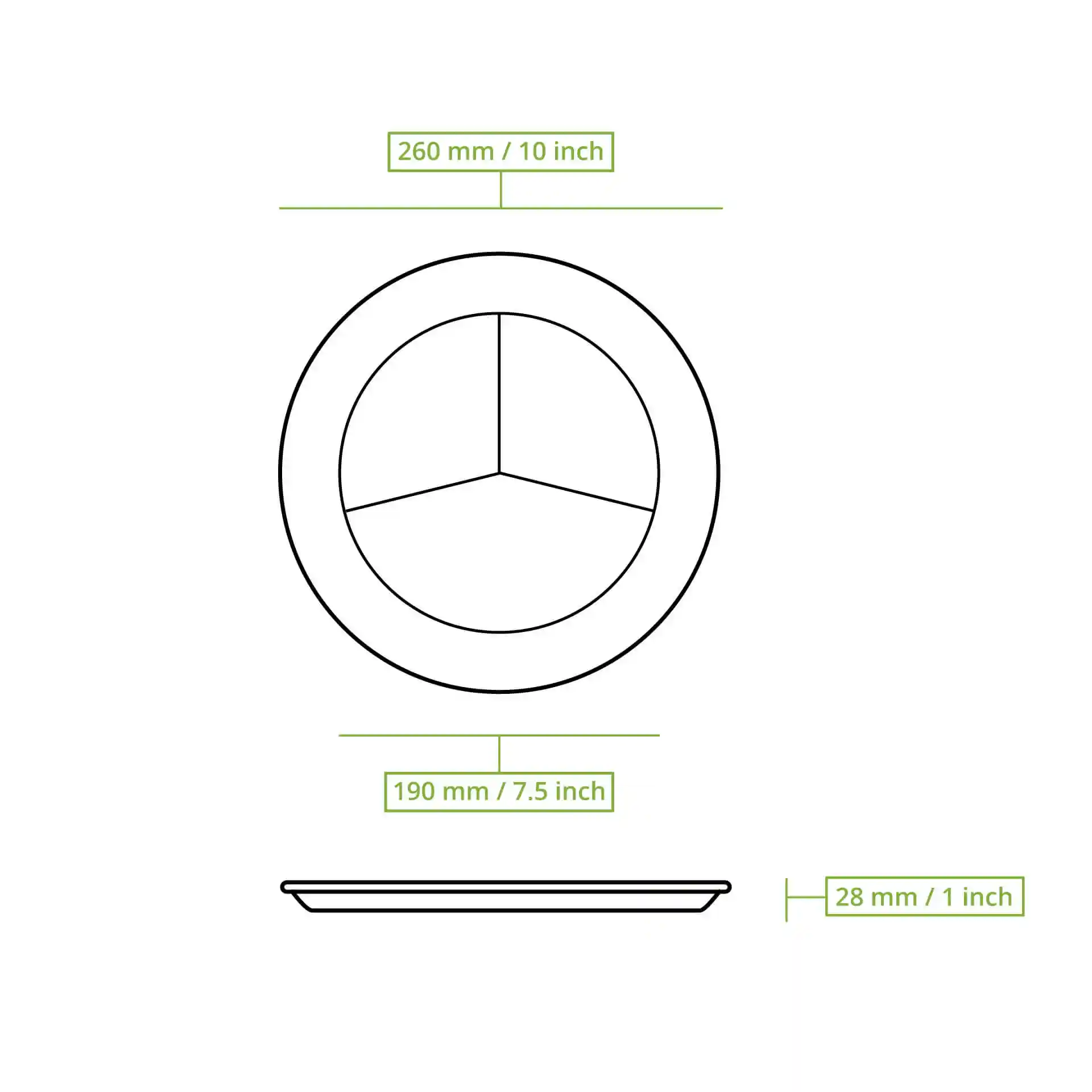Schematische Zeichnung eines runden Zuckerrüben-Menü-Tellers mit drei Fächern, Maße 260 mm und 190 mm.