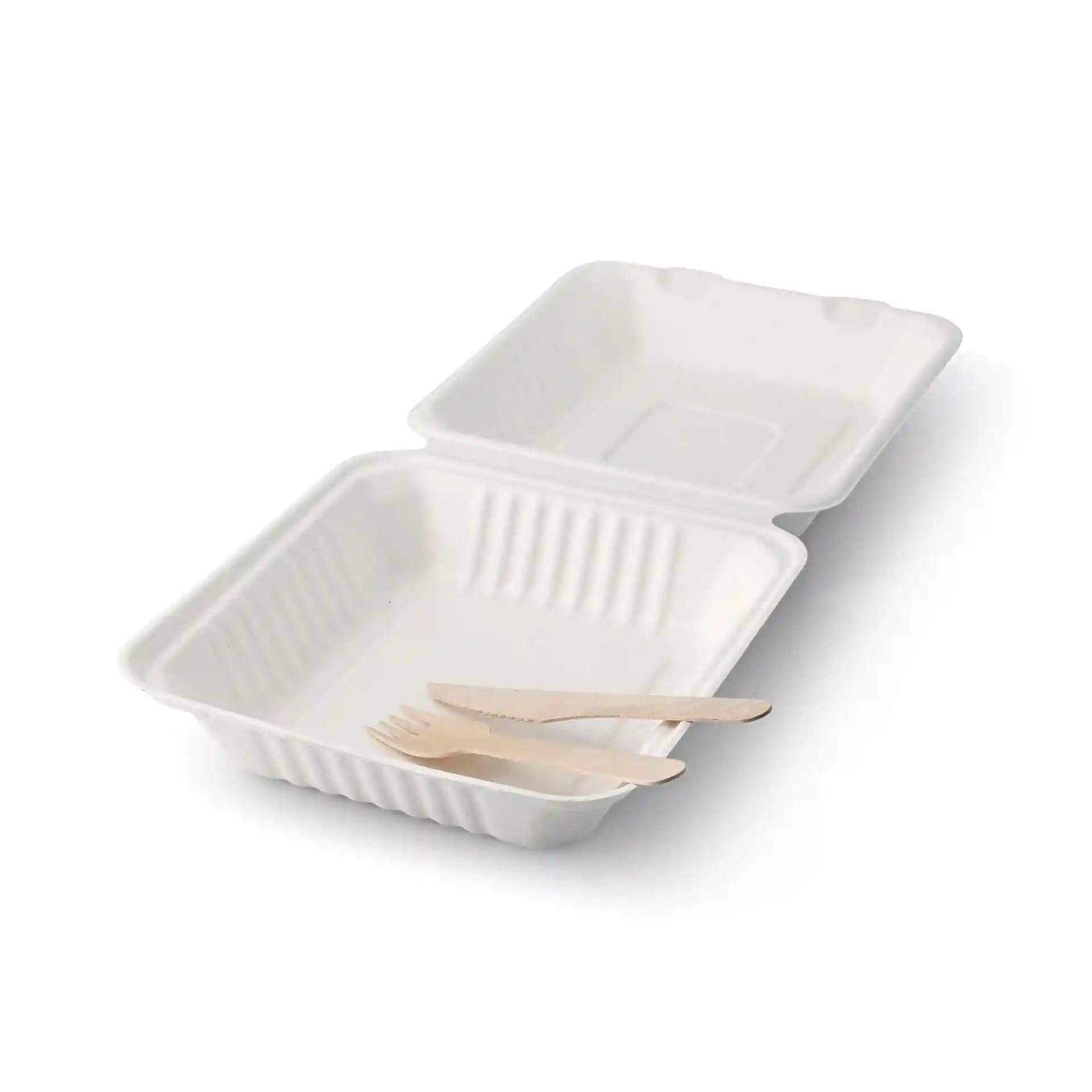 White rectangular sugarcane container with hinged lid, measuring 22 x 18.5 x 7 cm, and two wooden utensils inside.