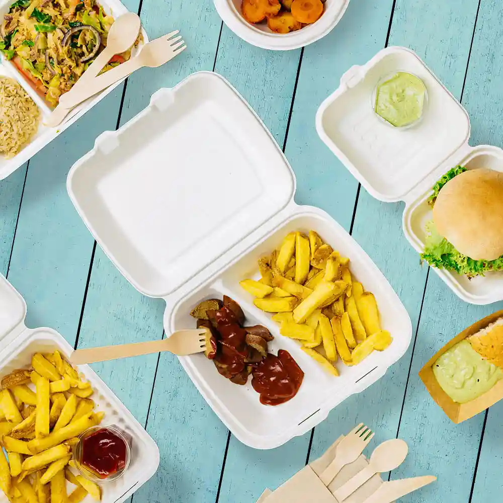 Bild eines weißen Zuckerrohrbehälters mit zwei Fächern, gefüllt mit Pommes und Fleisch, auf einer blauen Holzoberfläche.