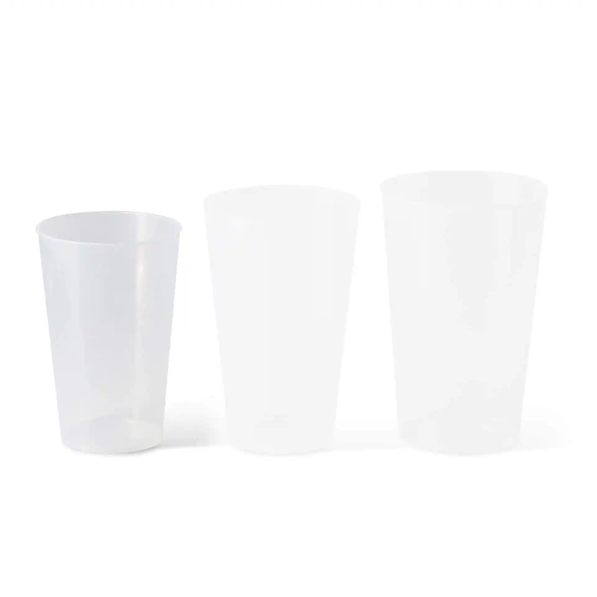 Transparent reusable cups in three sizes, with the smallest on the left and the largest on the right.