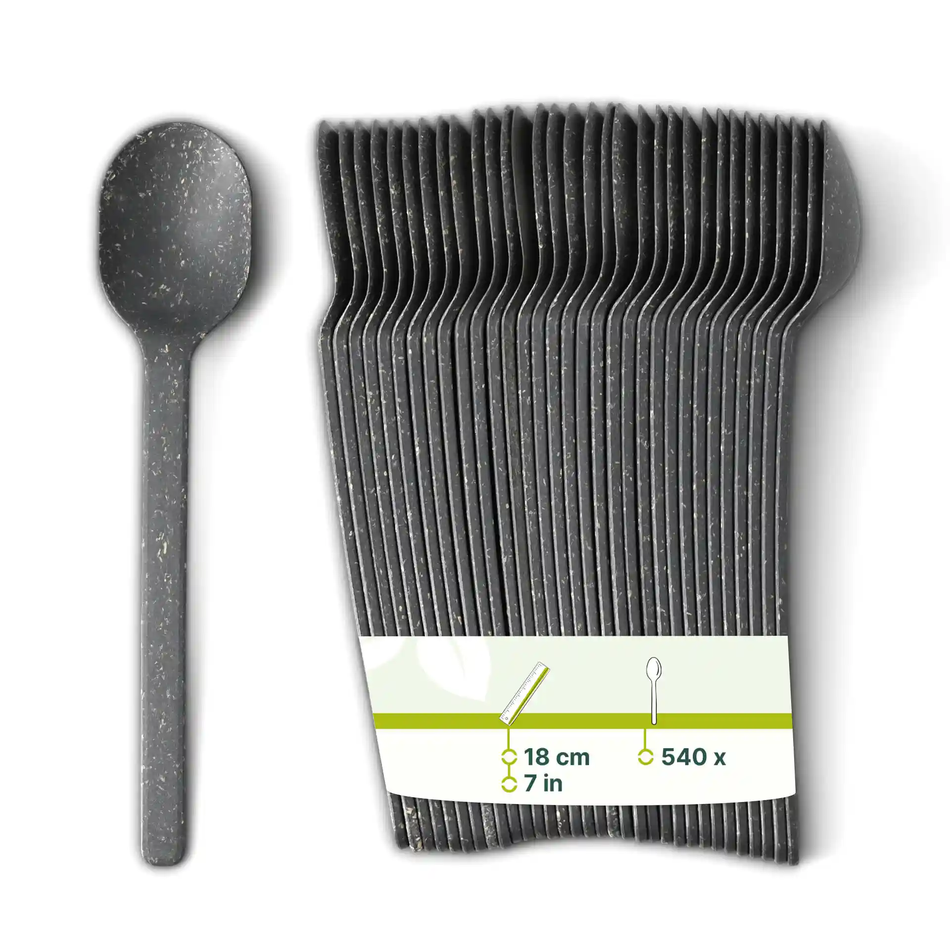 Black reusable spoon made from bio compound, 18 cm long, shown with multiple similar spoons in a stack.