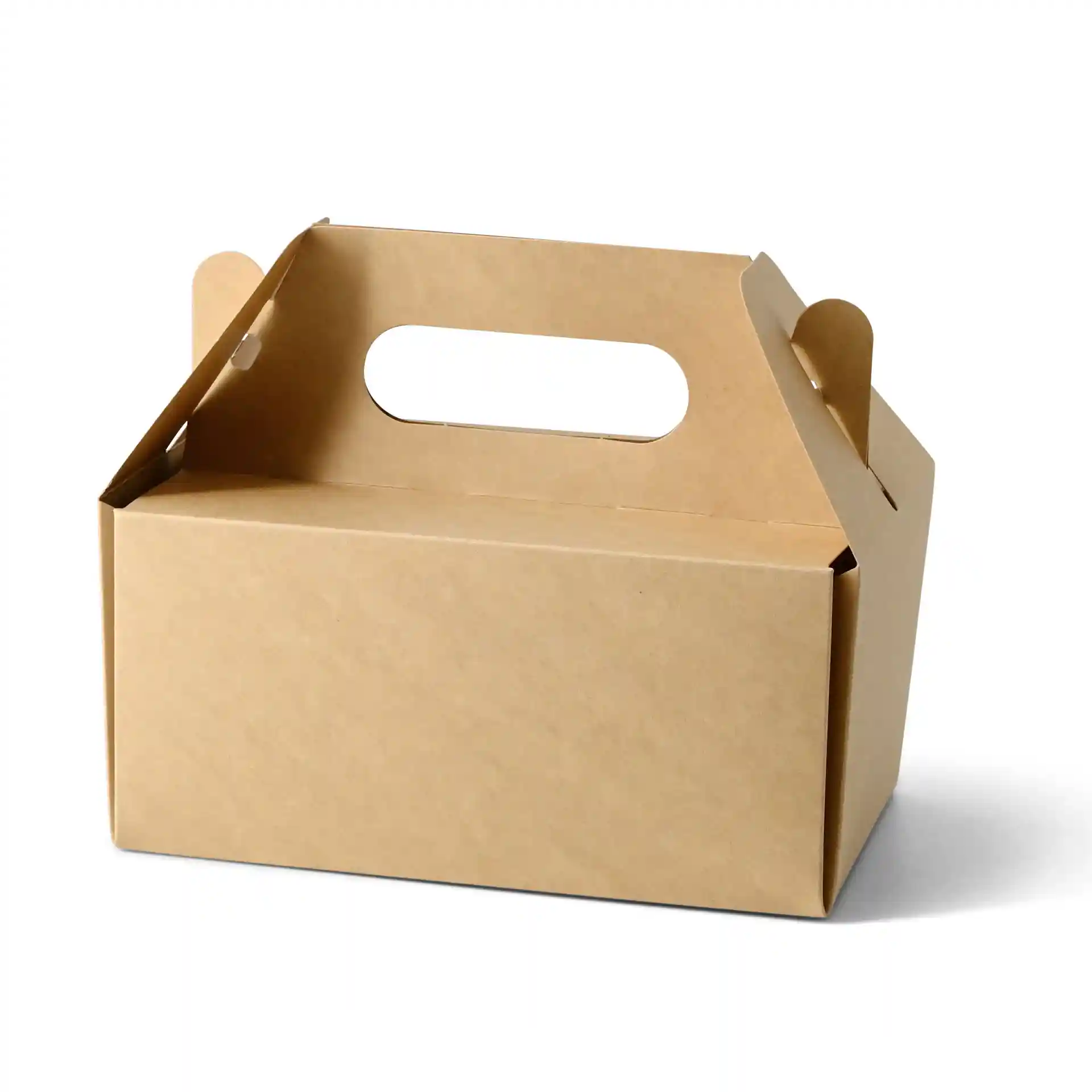 Brown rectangular cardboard pastry box with a handle, measuring 18 x 11 x 9 cm, foldable design.