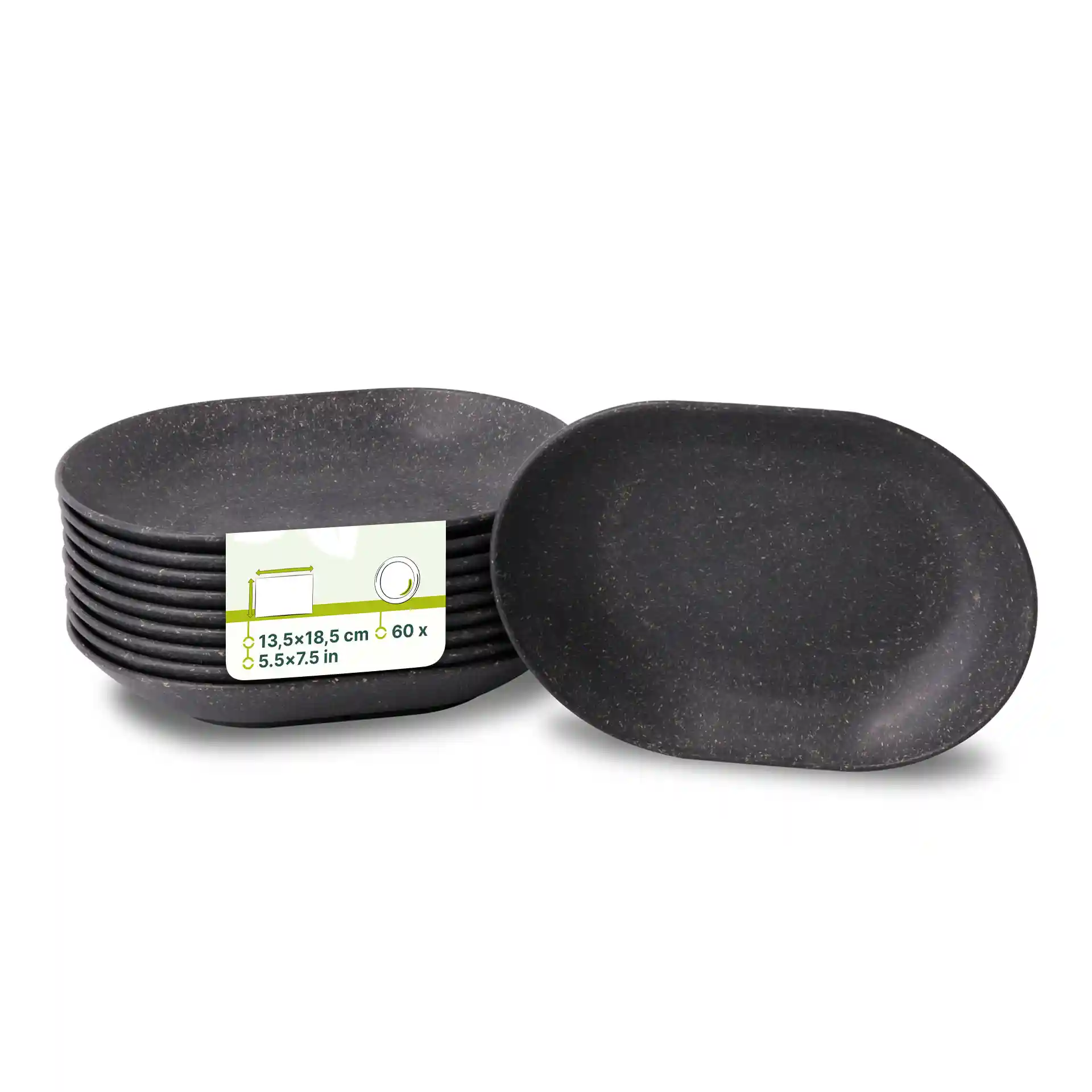 Set ovaler grauer wiederverwendbarer Snackschalen, jeweils 13,5 x 18,4 cm, gestapelt mit einer Schale oben.