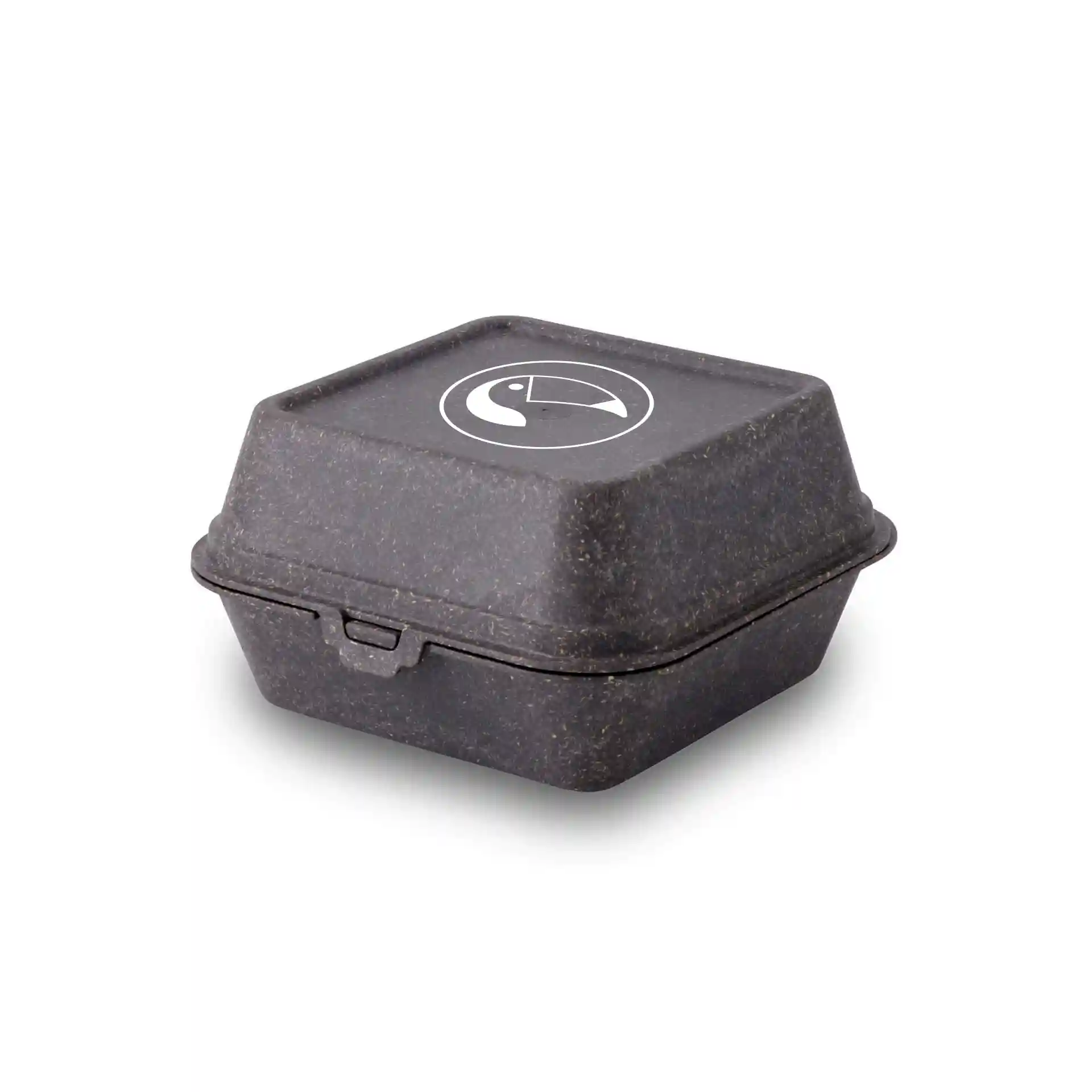 Graue rechteckige Burgerbox aus Bio-Verbundmaterial mit bedrucktem Logo auf dem Deckel.