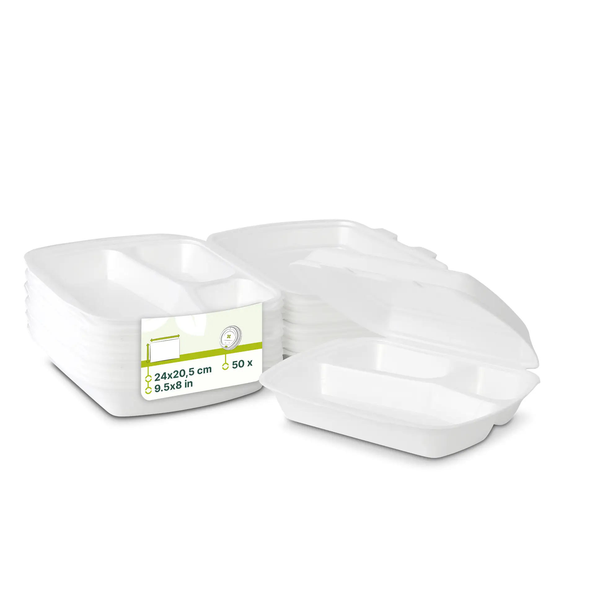 White plastic meal trays with divided sections, stacked with a visible label indicating size and quantity.
