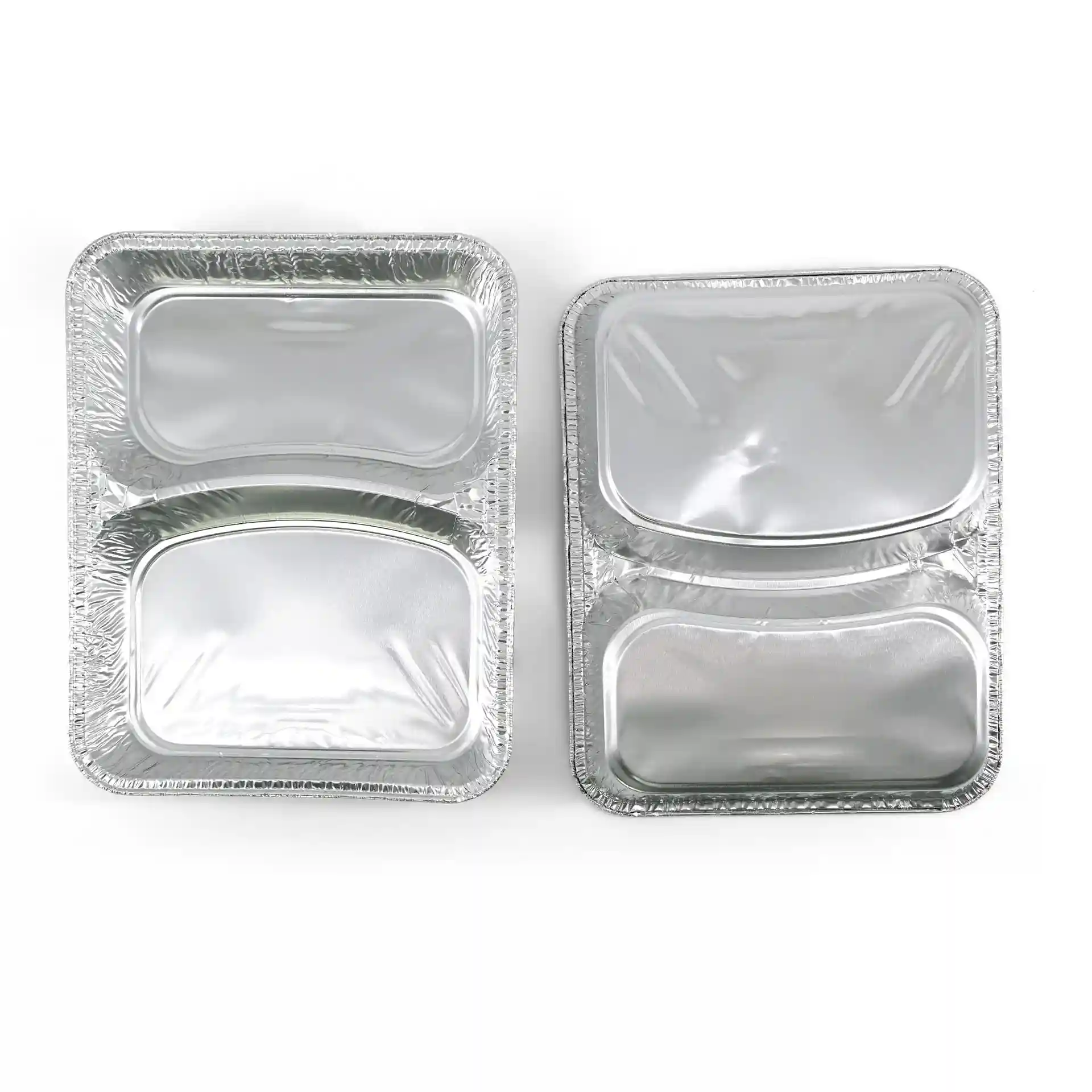 Aluminium-Mahlzeitenschalen mit zwei Fächern, rechteckige Form, Maße 22,7 x 17,7 x 3 cm.