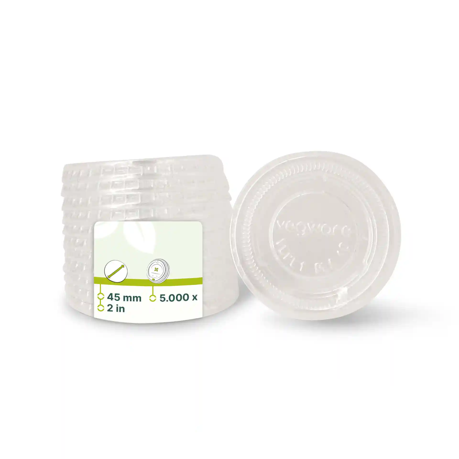 Transparent round PLA lids with a diameter of 45 mm, shown stacked with a label.