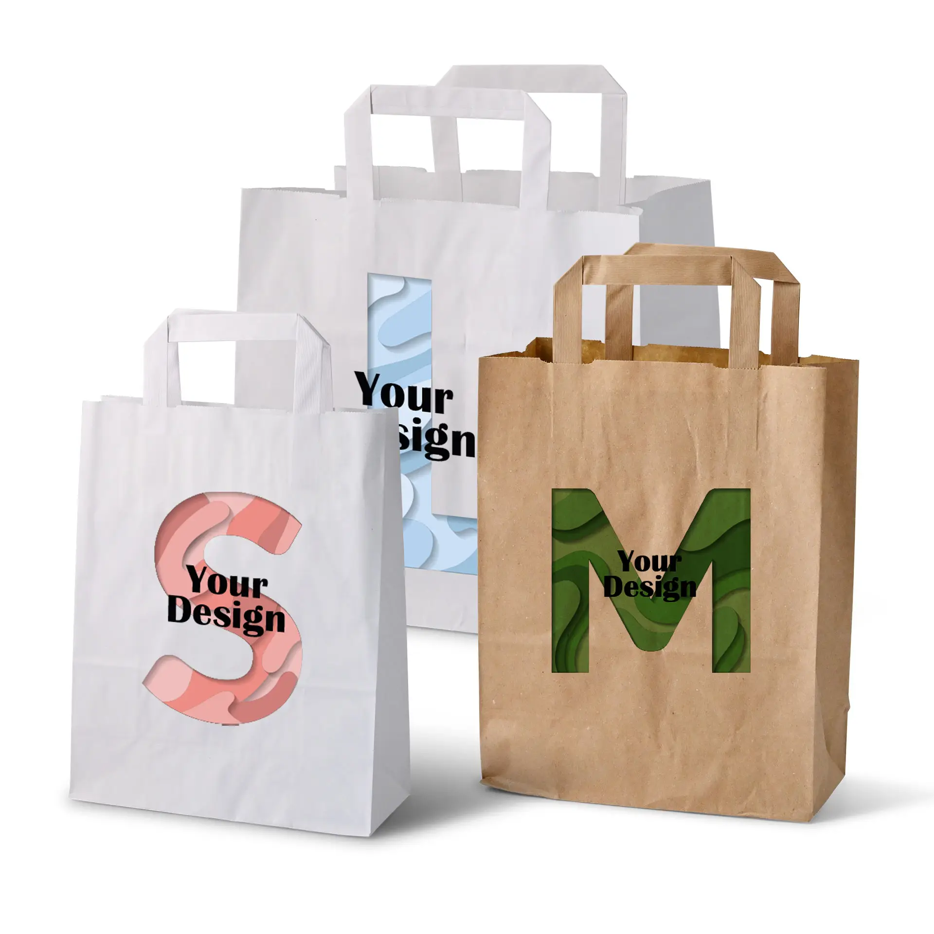 Three customizable paper carrier bags shown; two white with various designs and one brown bag. Bags are made from recycled paper.