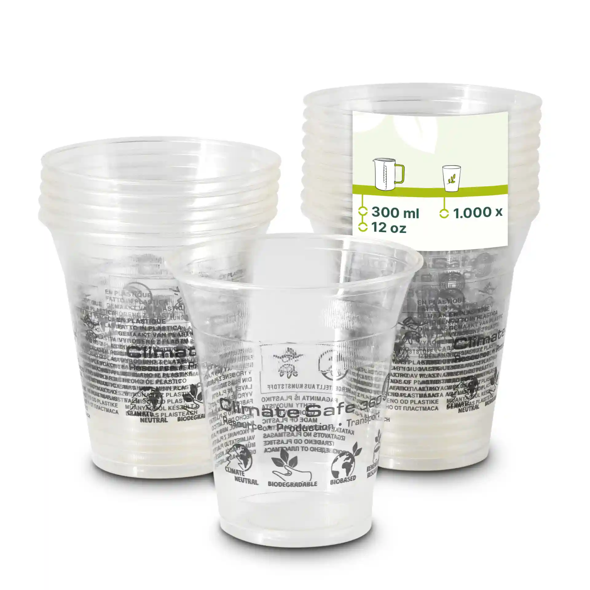 Transparente 12 oz PLA Smoothie-Becher gestapelt mit sichtbarem Etikett, das 300 ml Kapazität und 1000 Stück zeigt.