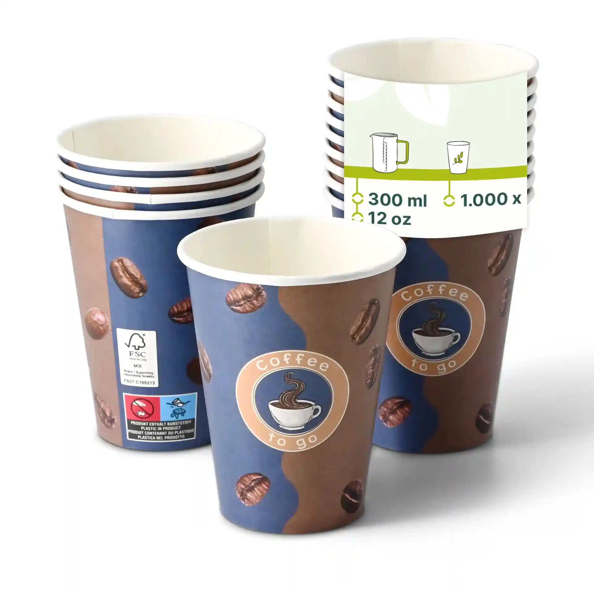Stapel bedruckter Becher mit Kaffeebohnendesign, runde Form und sichtbarem Logo "Coffee to go".