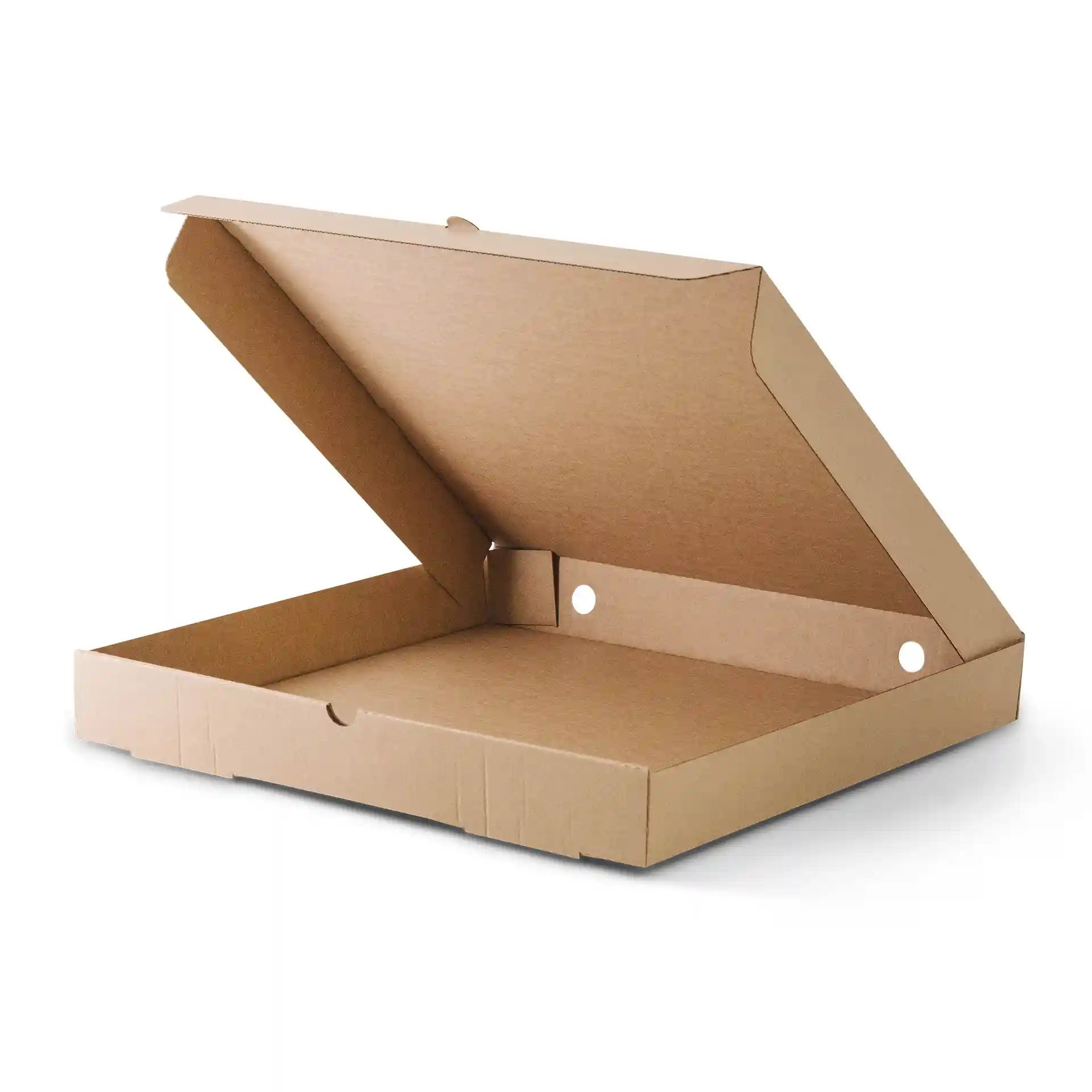 Braune quadratische Pizzaschachtel mit offenem Deckel, aus Karton, 37 cm auf jeder Seite.