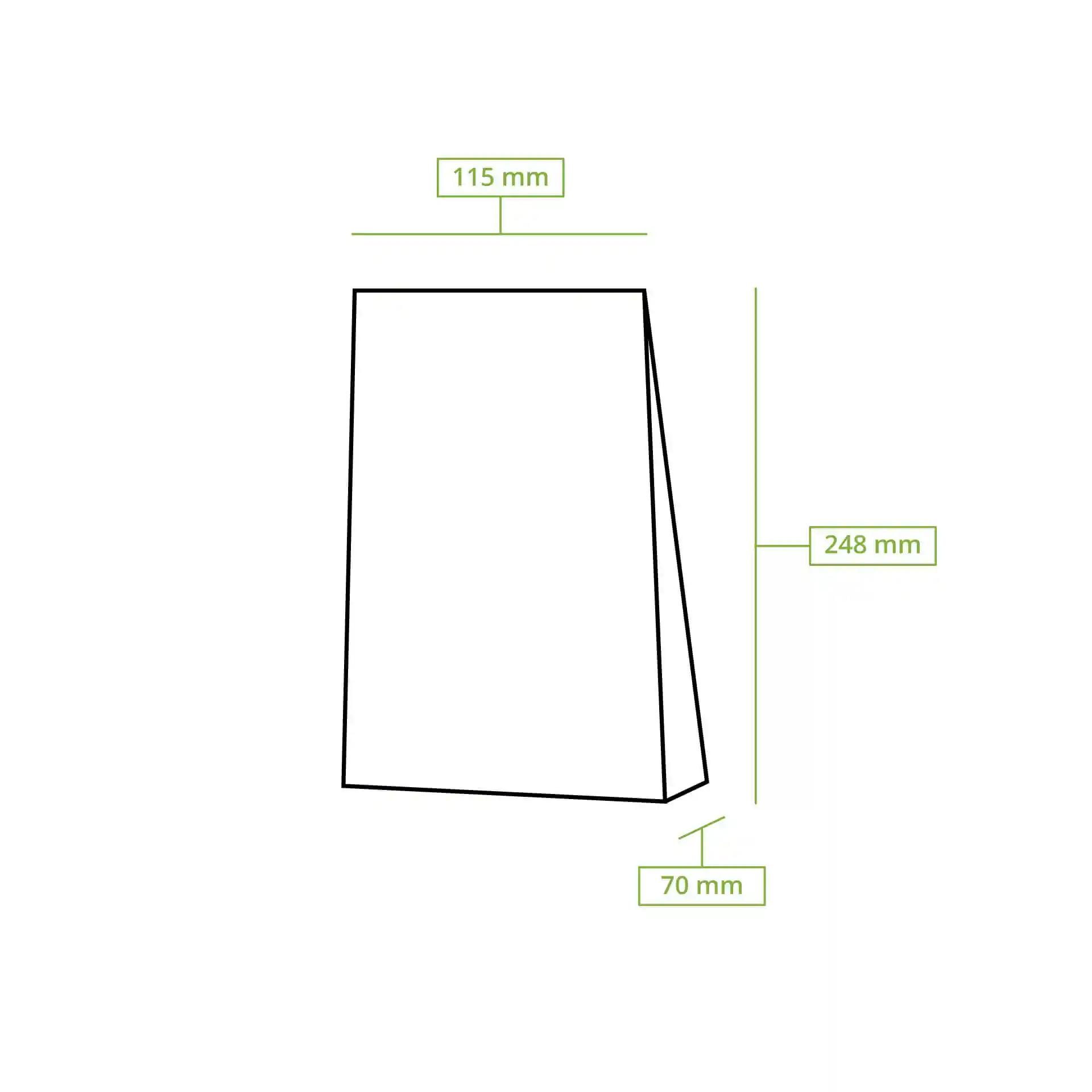 Schematische Zeichnung eines Blockbodenbeutels mit den Abmessungen 115 mm x 70 mm x 248 mm und einem Sichtfenster.