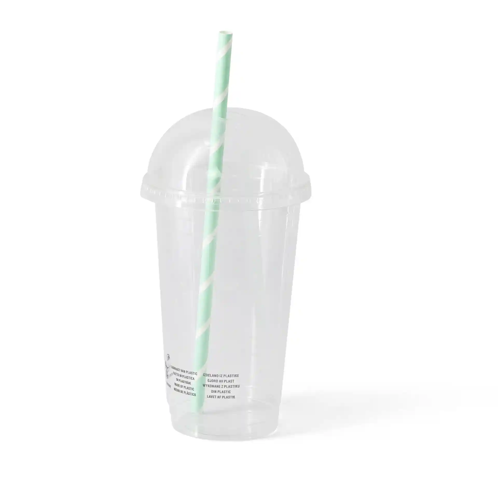 Clear PLA plastic cup with a dome lid and a green striped straw, 500 ml capacity.