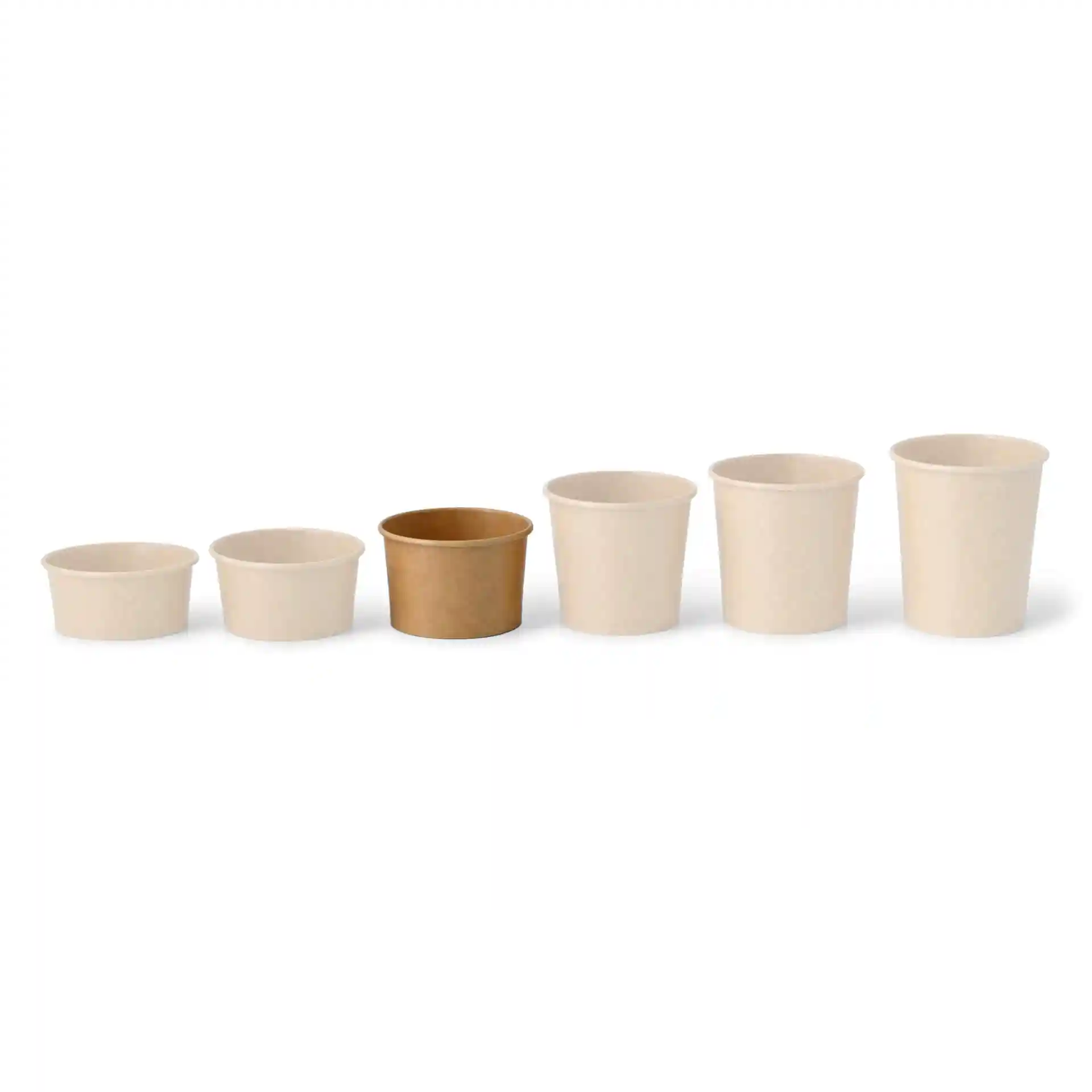Image of six round paper cups in varying sizes, with one brown cup among the cream-colored cups.