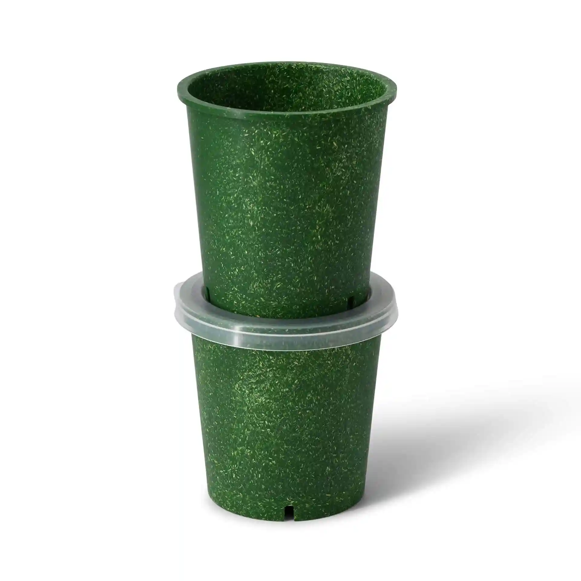 Two reusable green cups stacked, with a transparent lid on the bottom cup, showing drainage holes.