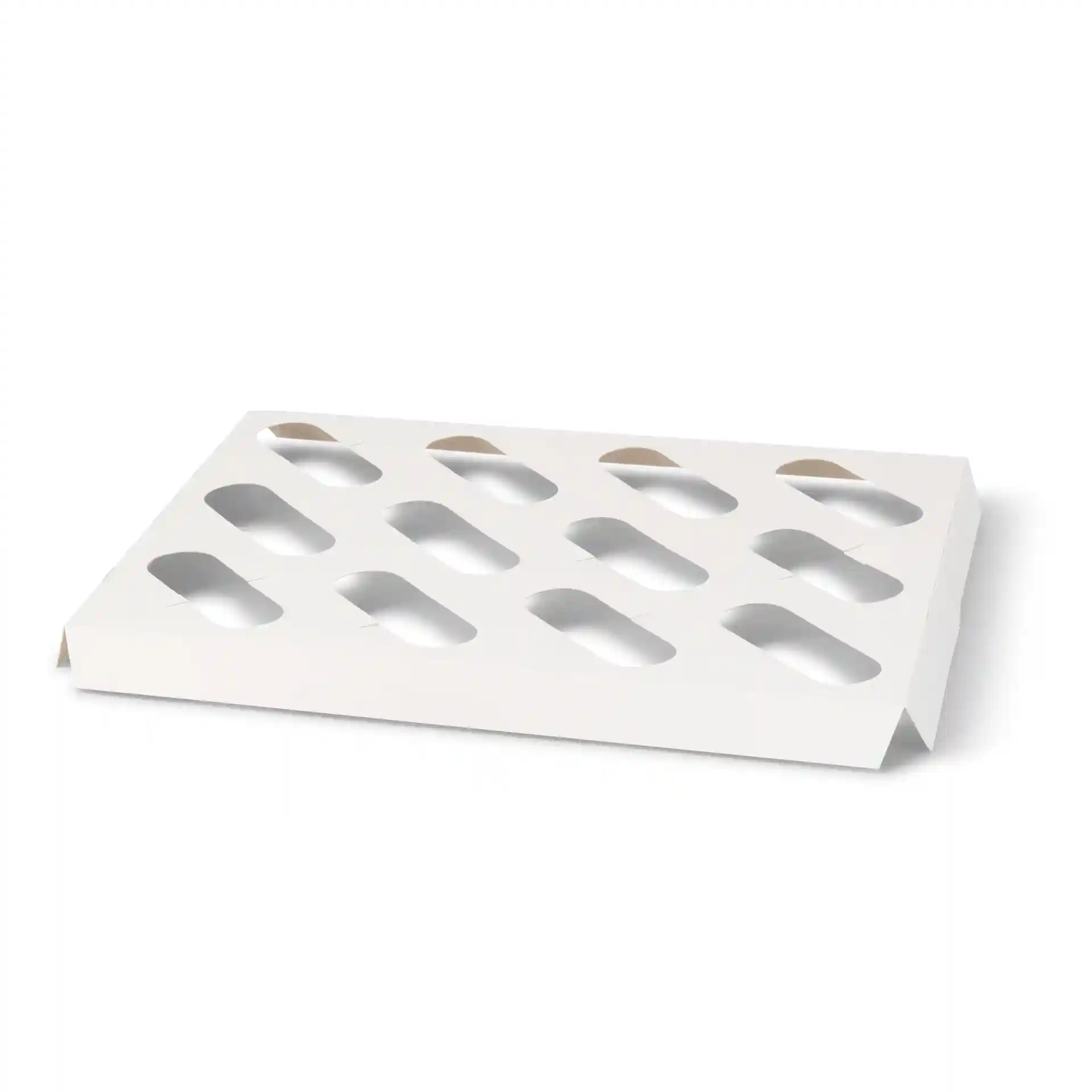 White cardboard insert for cupcake boxes with cutouts for 12 pieces, featuring a rectangular shape and raised edges.