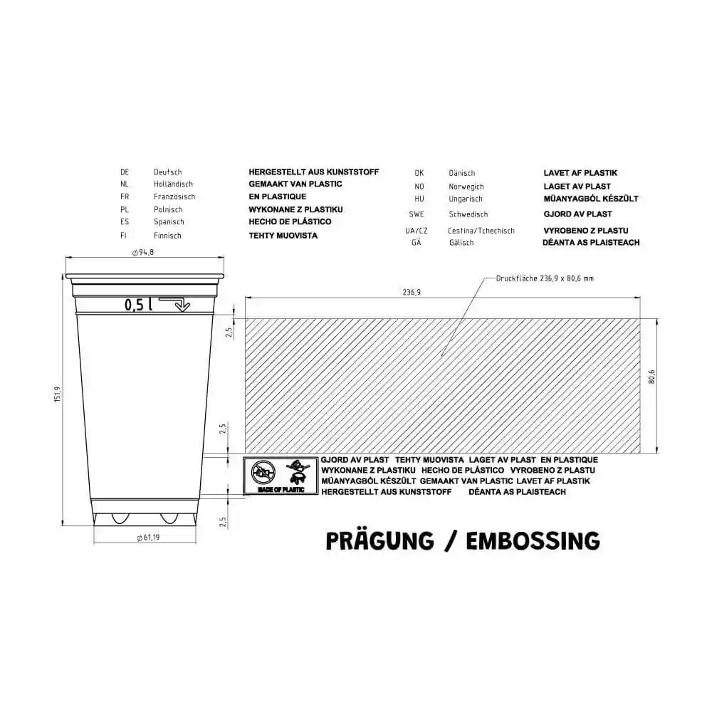 Schematische Zeichnung eines 20 oz rPET klaren Bechers mit Abmessungen und Markierungen, Höhe 151 mm, Durchmesser 95 mm.