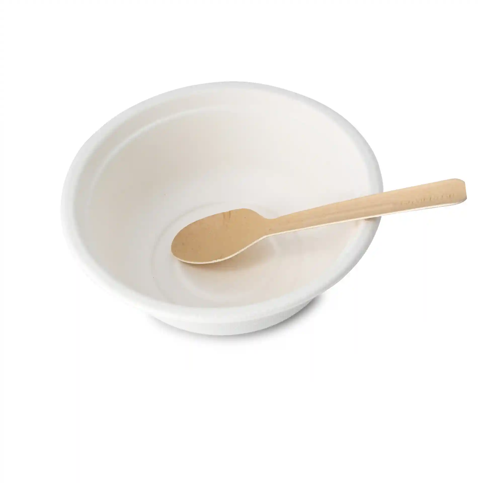 Weißer runder Zuckerrübenbecher mit einer Tiefe von 54 mm und einem Holzlöffel darin.