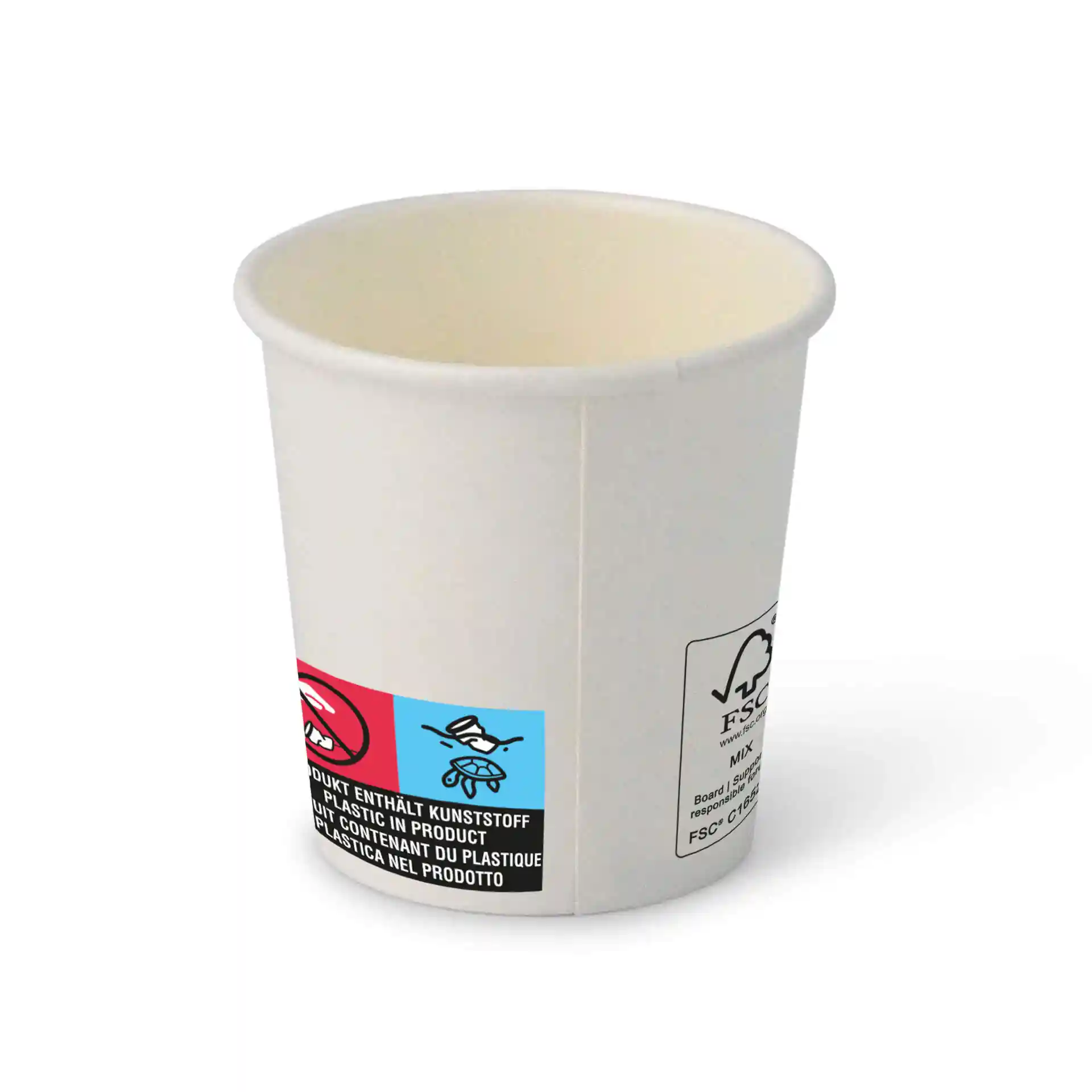 White paper cup with a round shape, featuring a blue and red label with symbols and a small FSC logo.