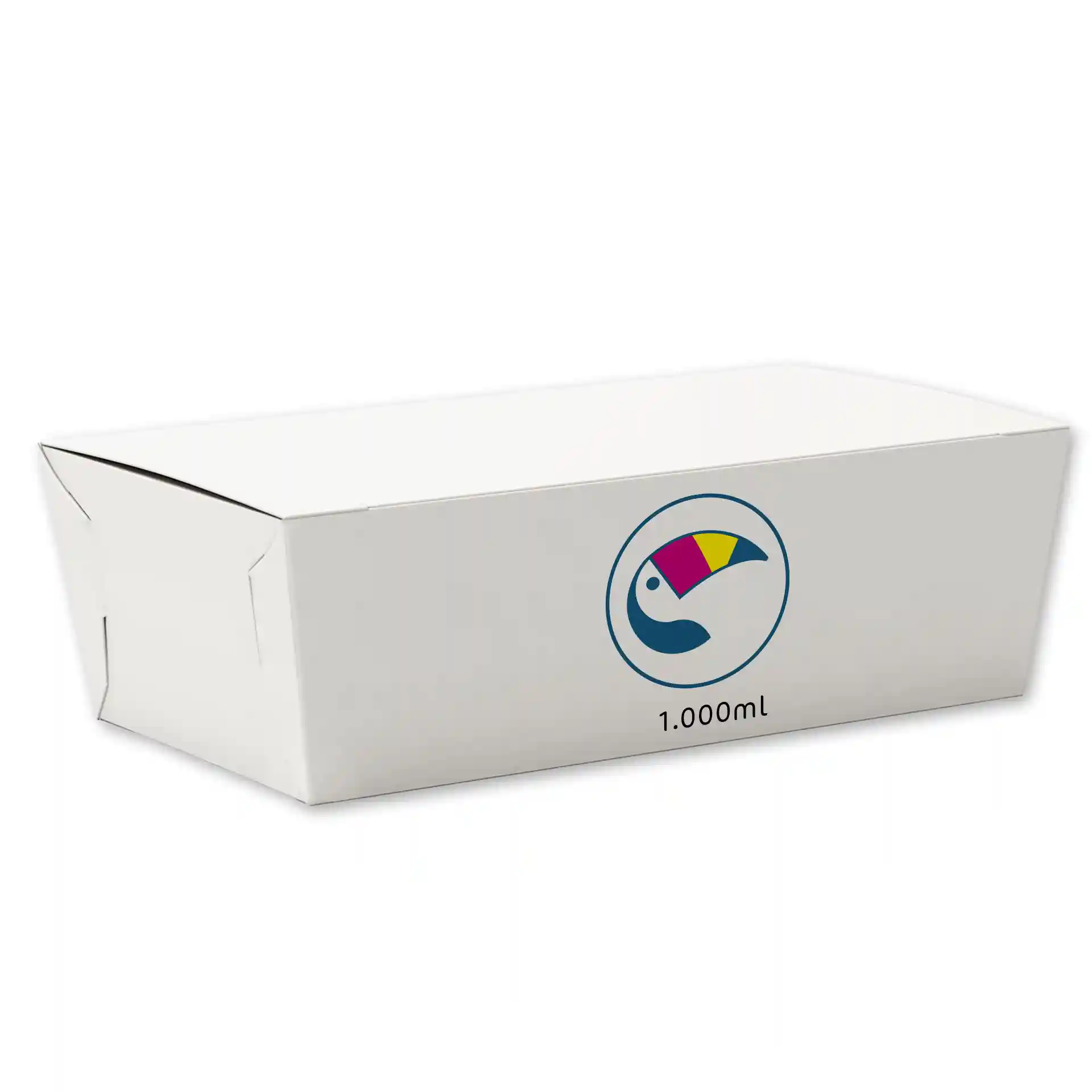 Weiße Snackbox mit bedrucktem Logo, 220 mm lang, 114 mm breit und 47 mm hoch.