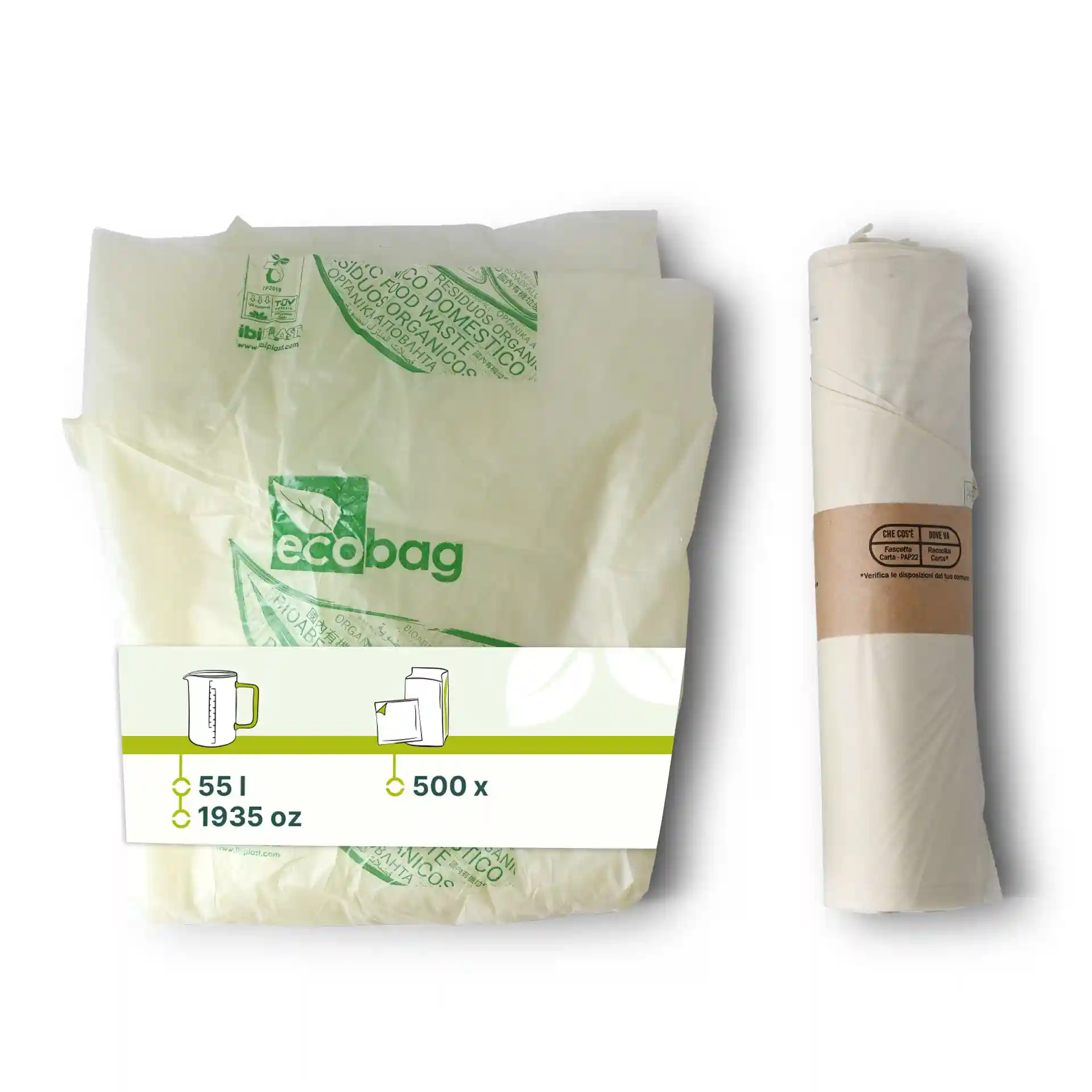 Transparent bio bin bags made of PLA, 70x70 cm, with a capacity of 55 liters, shown in a roll and flat.