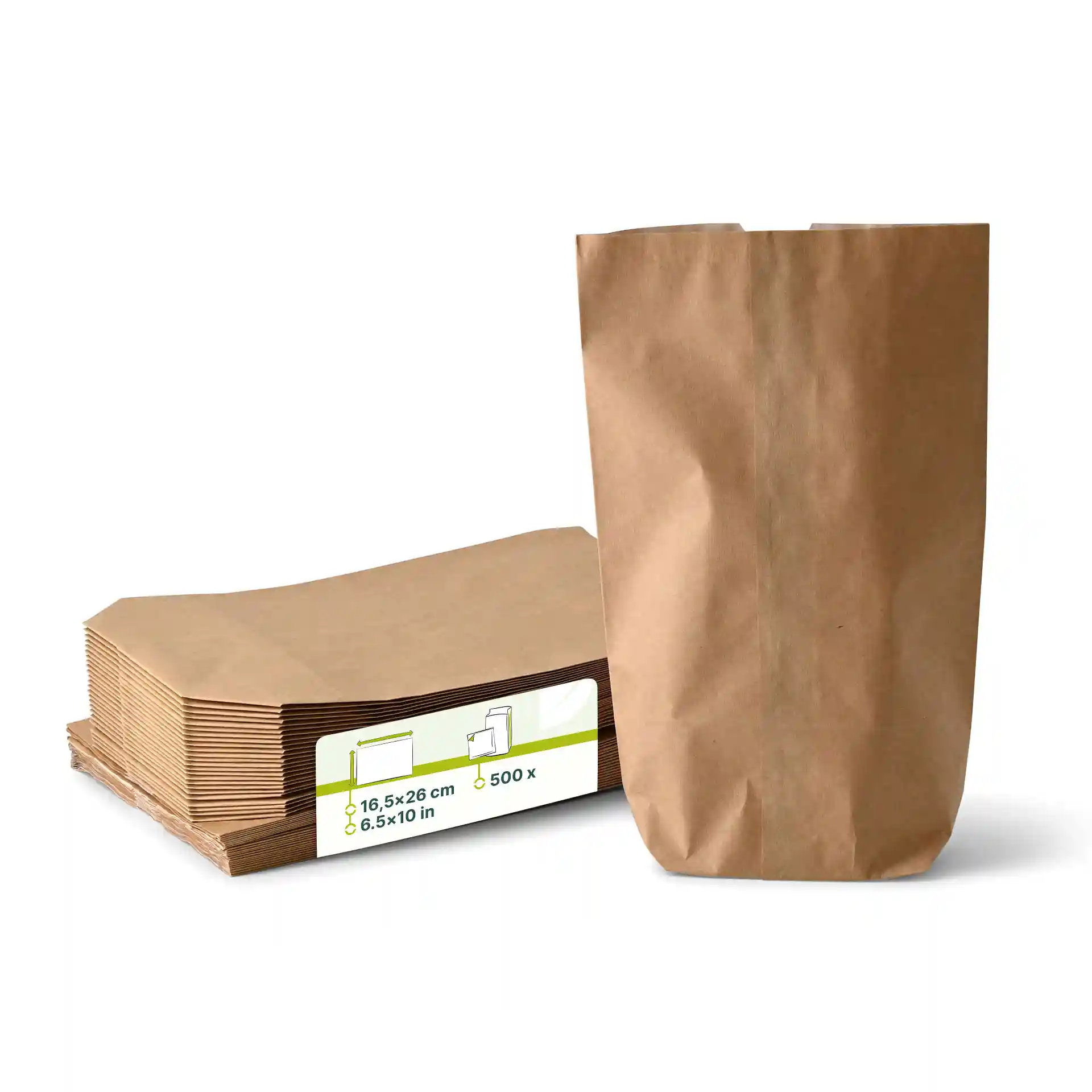 Brown paper snack bag, double layered, measuring 16.5 x 26 x 6 cm, with a stack of bags behind it.