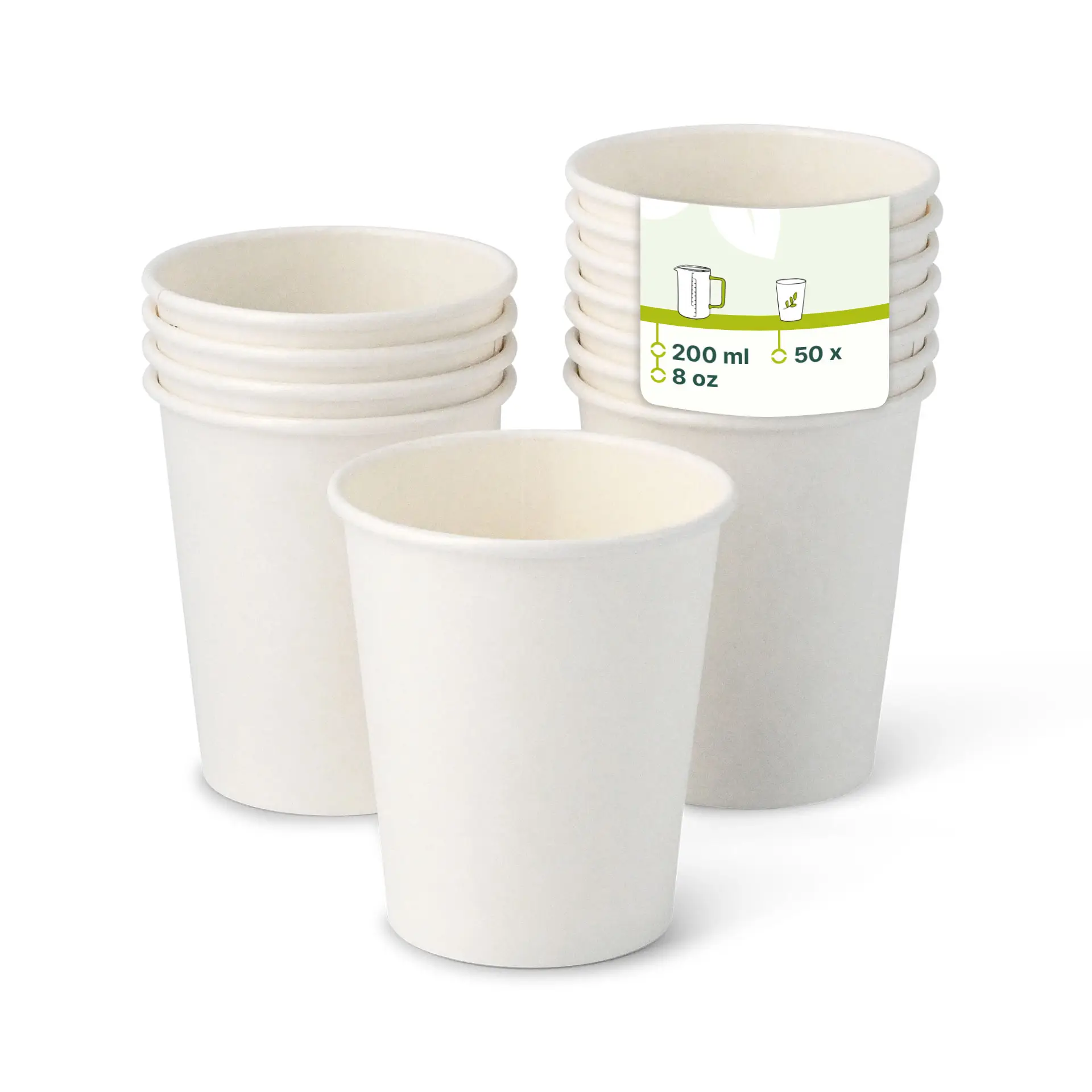 One white 8 oz paper cup in focus; additional stacked cups partially visible behind.