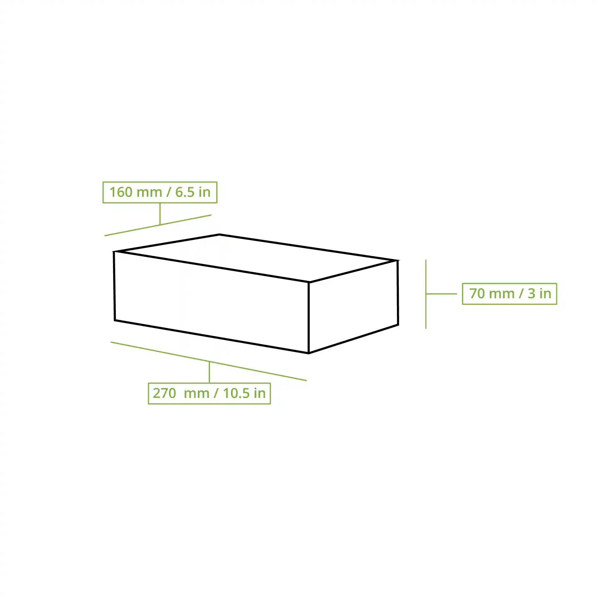 Schematische Zeichnung einer rechteckigen Box mit den Maßen: 270 mm Länge, 160 mm Breite und 70 mm Höhe.