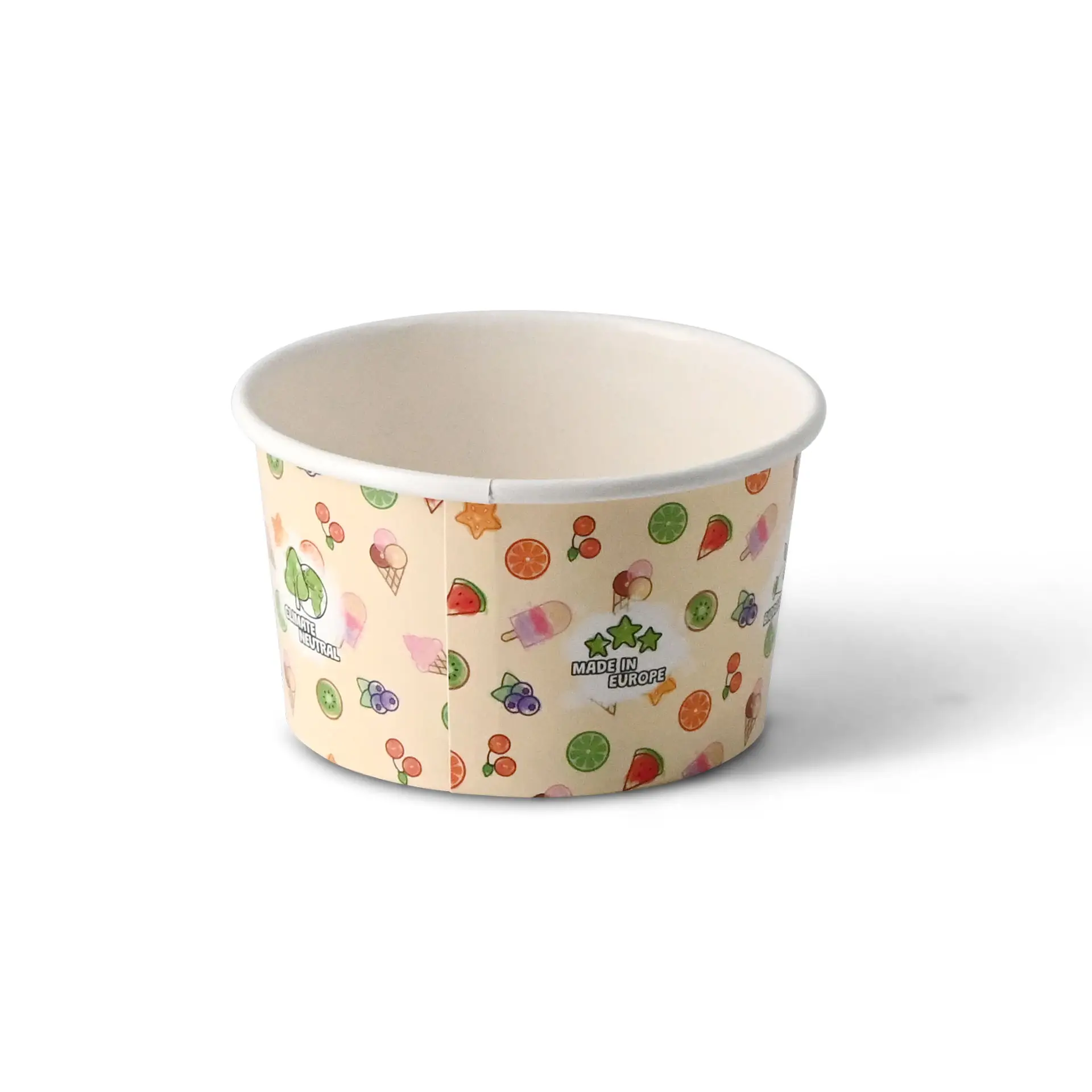 A colorful ice cream container with cheerful motifs, suitable for 2-3 scoops, made from biodegradable materials.