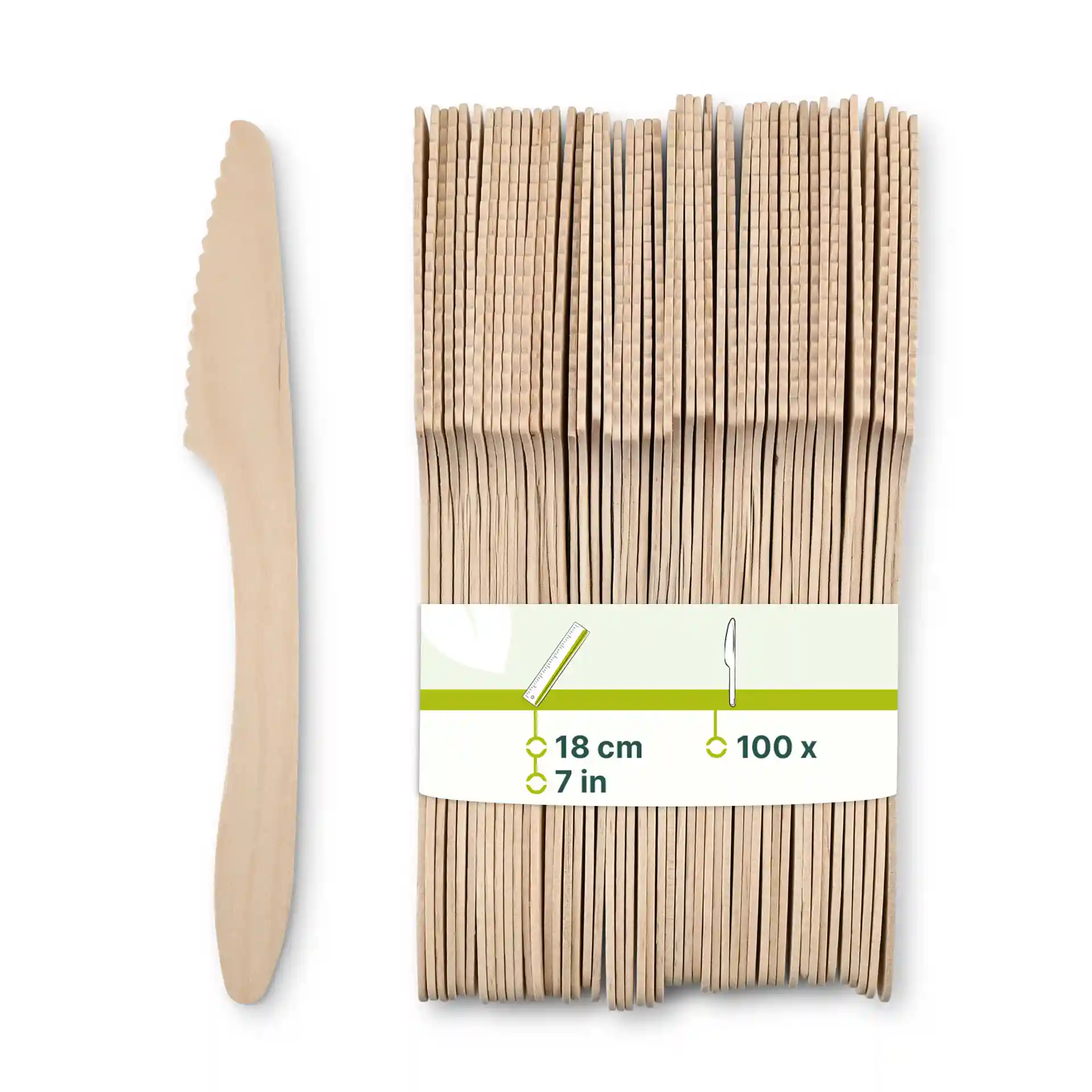 Holzmesser, 18 cm lang, in brauner Farbe, neben einem Bündel ähnlicher Messer gezeigt.