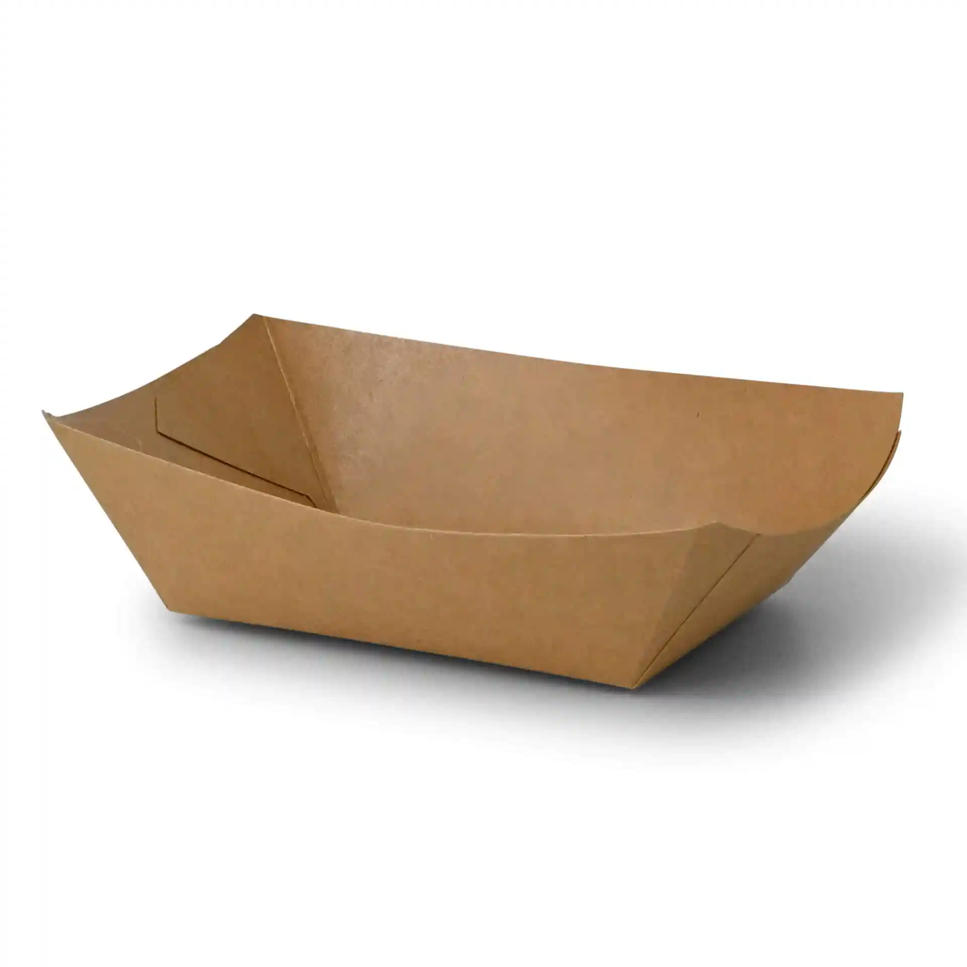 Brown cardboard snack tray with a coated finish, measuring 17 x 12 x 4 cm.
