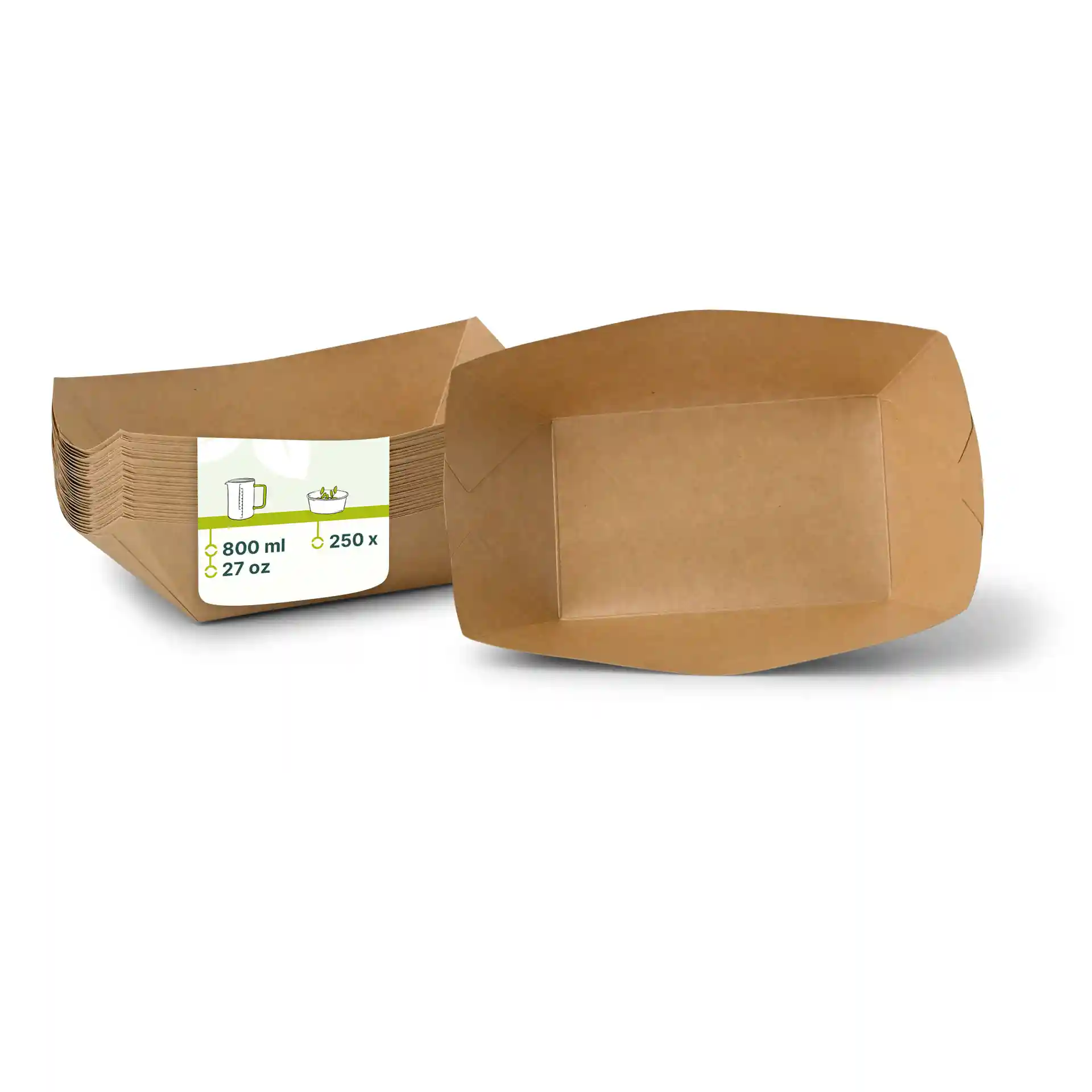 Brown cardboard snack trays stacked, showing one tray upright and a label with volume and quantity details.