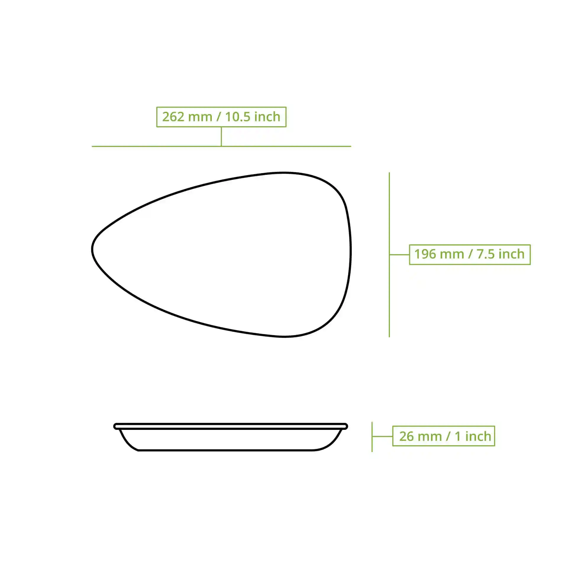 Schematic drawing of an oval palm leaf plate with dimensions: 262 mm length, 196 mm width, and 26 mm height.