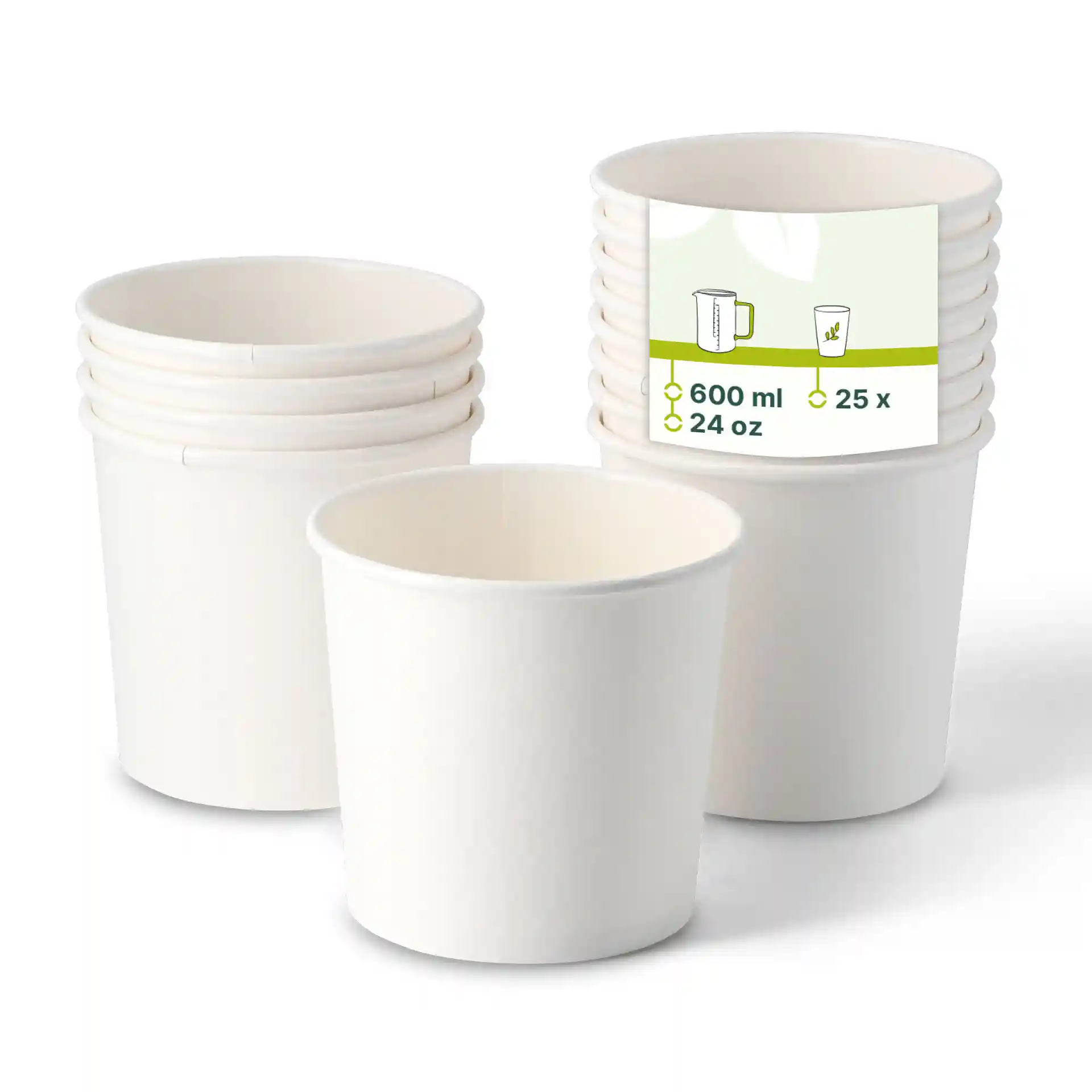 White cardboard soup cups stacked, with one cup in front showing an eco-friendly coating. Each cup has a 600 ml capacity.
