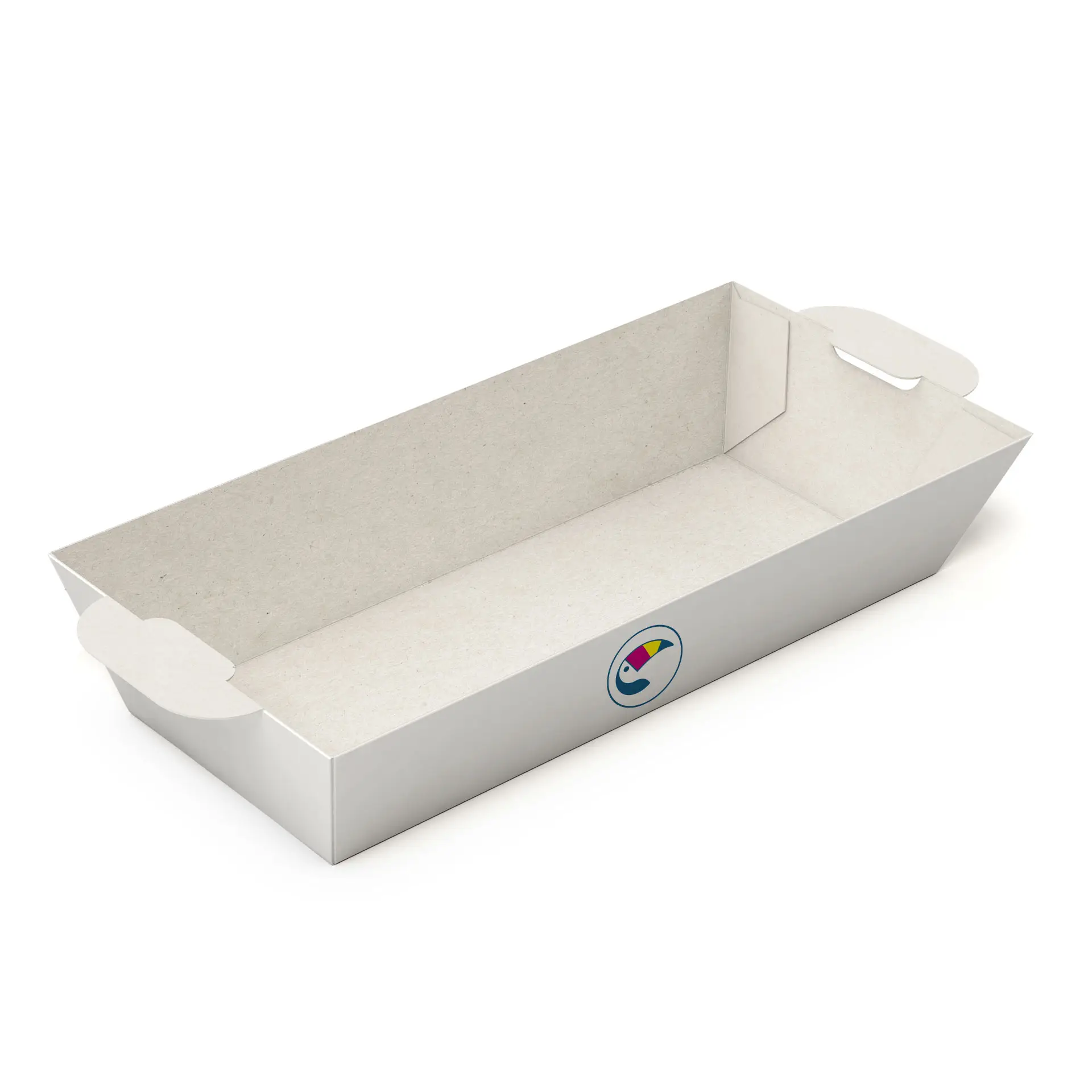 Customizable white cardboard snack tray with side handles and logo area, 19.3 x 8.7 cm, suitable for food service.