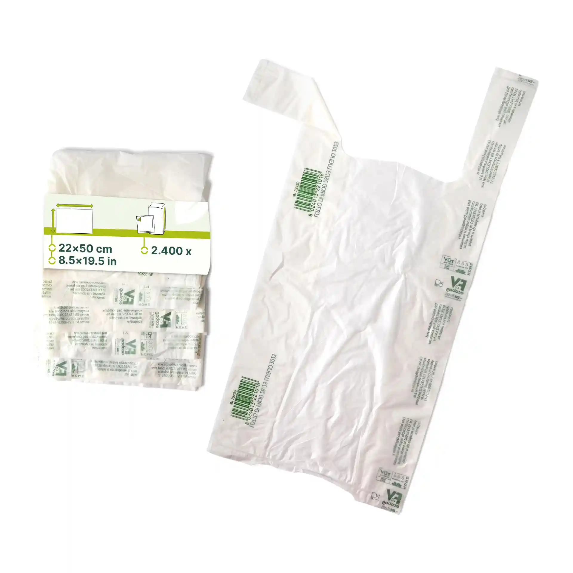 White Mater-Bi® bag with handles, dimensions 22 x 50 cm, shown with packaging and printed markings.