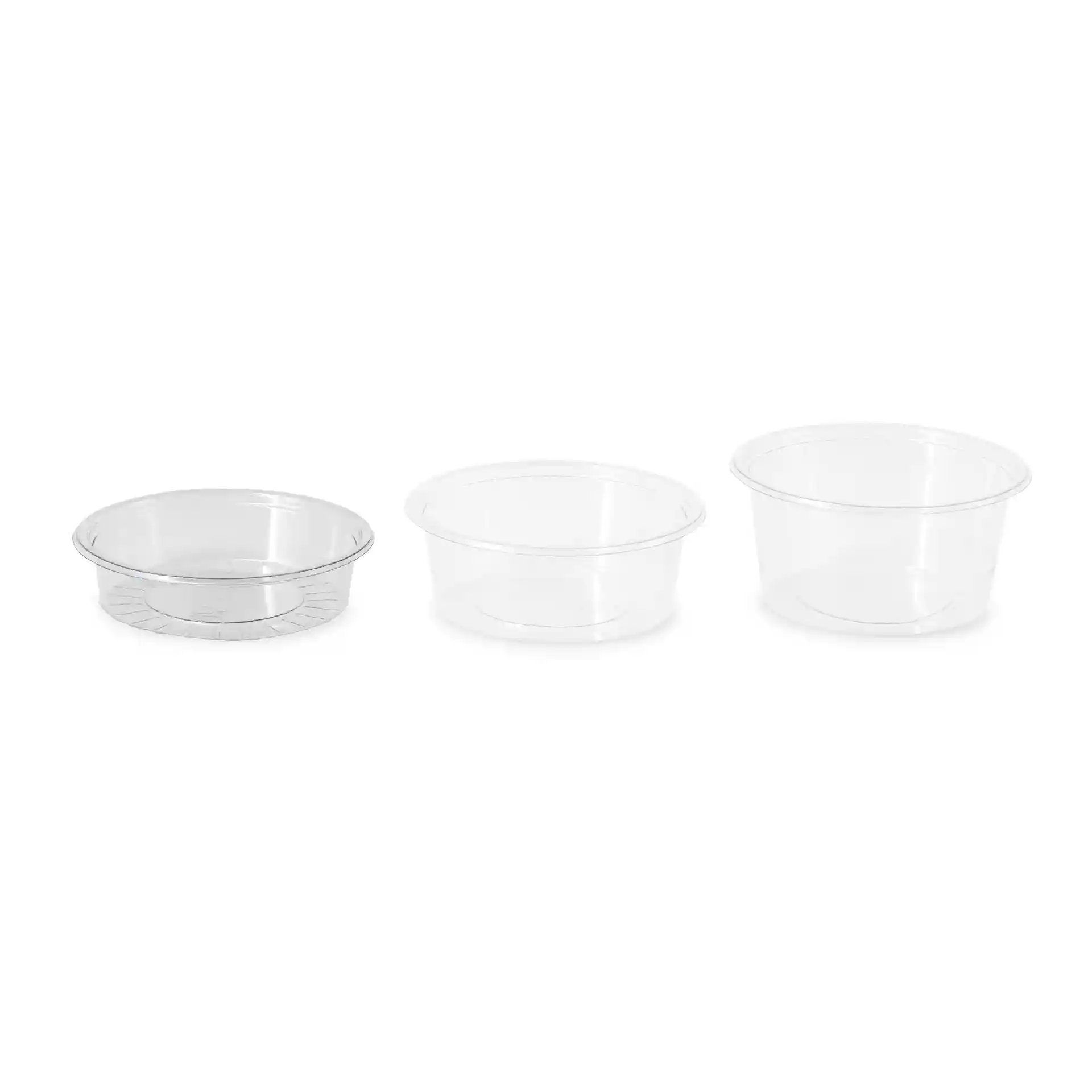 Image of three clear round rPET sauce pots, varying in height and diameter, on a plain background.