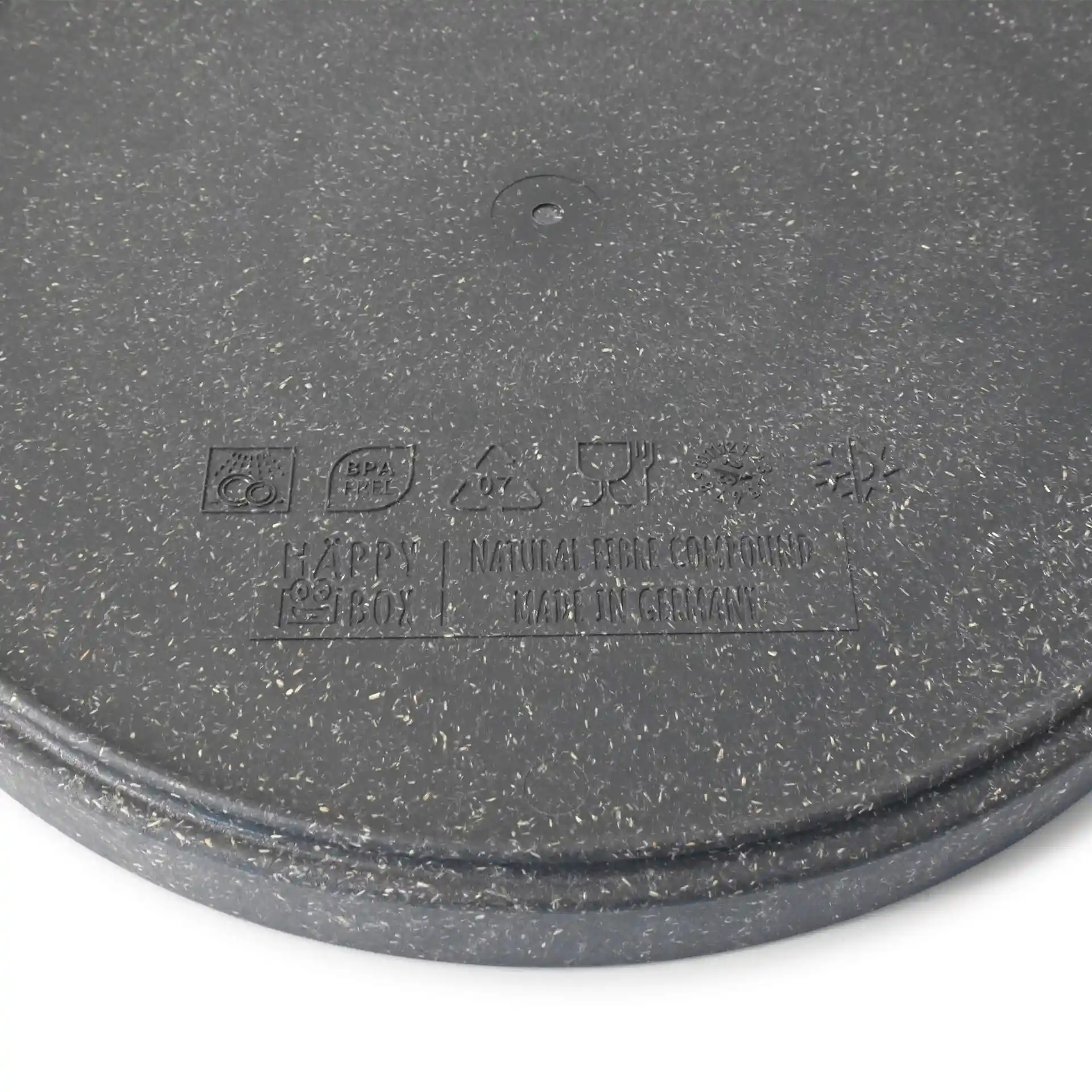 Round grey reusable plate with a diameter of 24 cm, showing markings and symbols on the bottom surface.