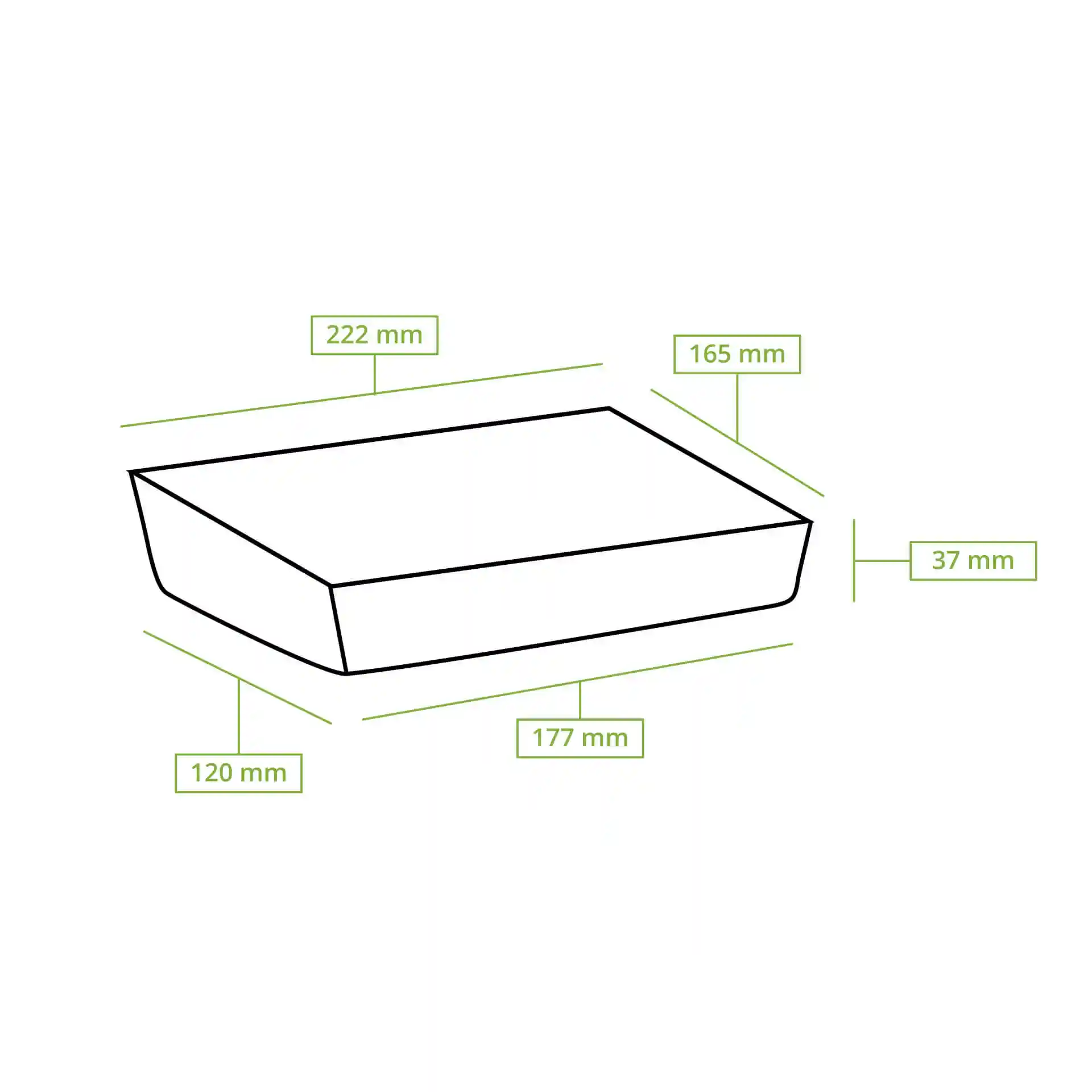 Schematische Zeichnung eines rechteckigen Papptabletts mit Maßlinien: 225 mm Länge, 165 mm Breite, 37 mm Höhe.