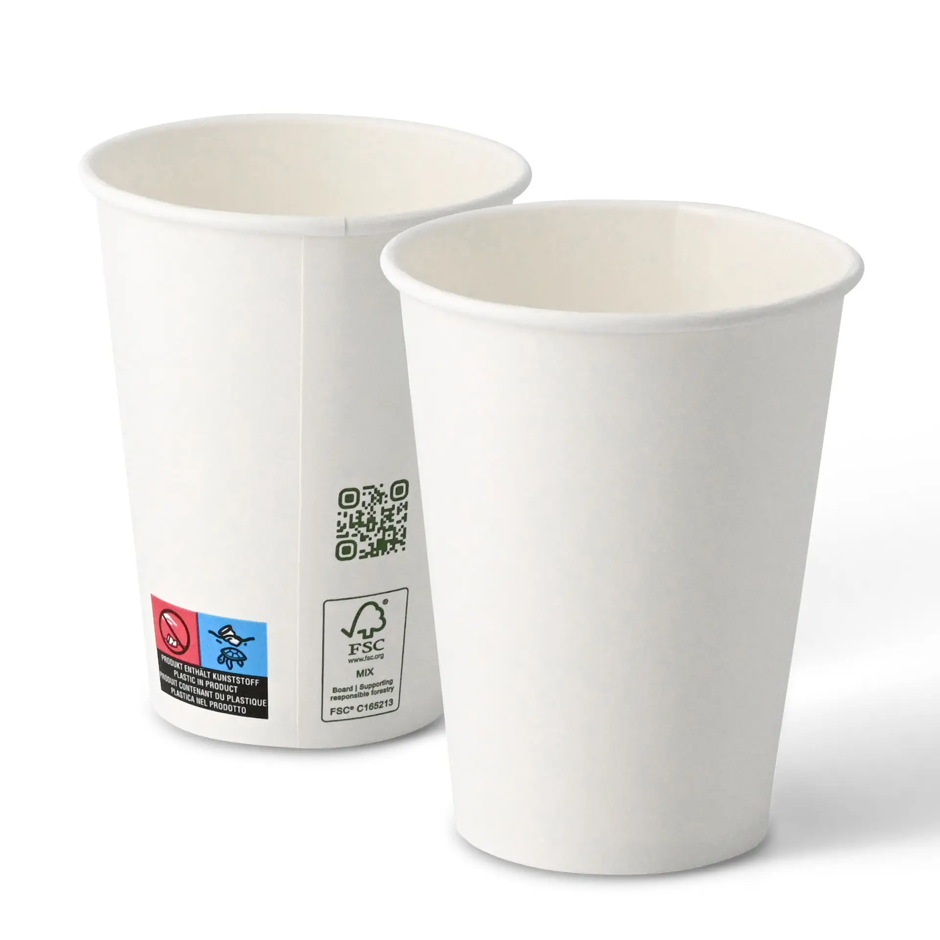 One white paper cup, 300 ml, with PLA coating for hot and cold drinks; another similar cup slightly behind.