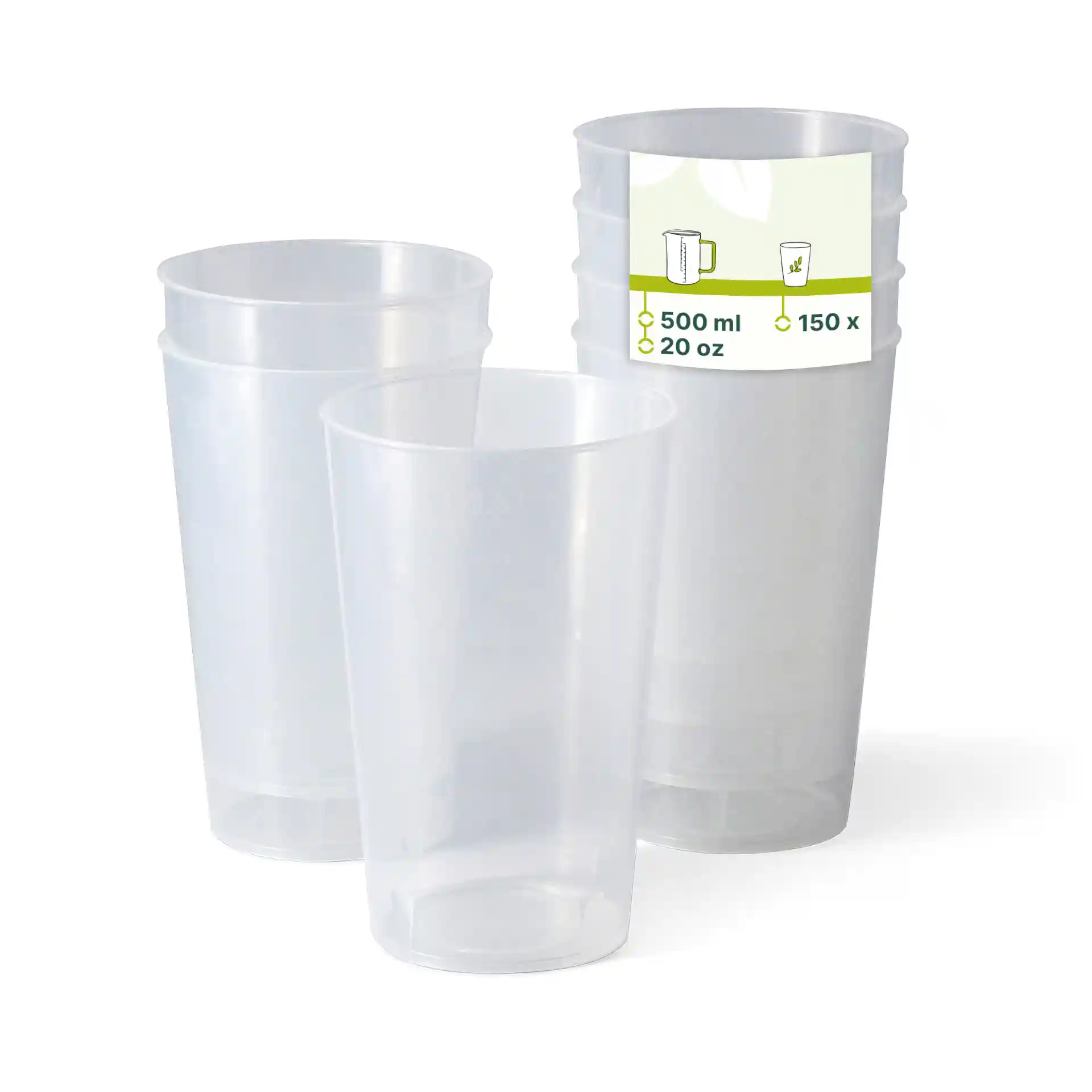 Transparent reusable cups with a height of 138 mm and a diameter of 90 mm, shown in a group of three.