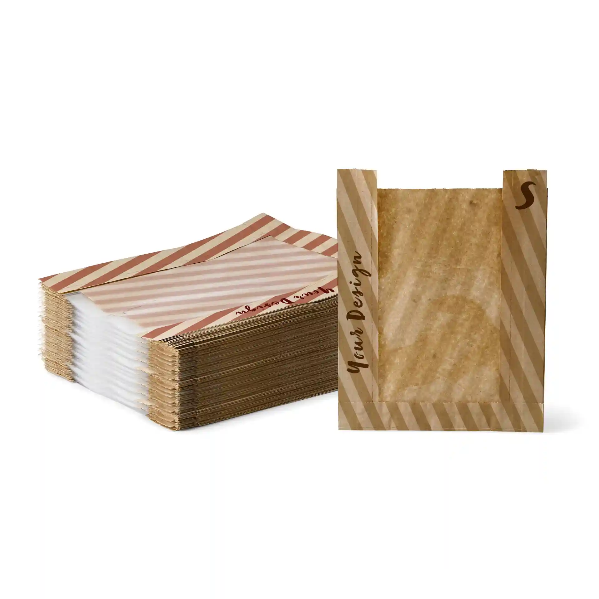 Stapel bedruckter Papiertüten mit Fenster, braunes Design und gestreiftes Muster, Größe S, 20 × 5 × 27 cm.